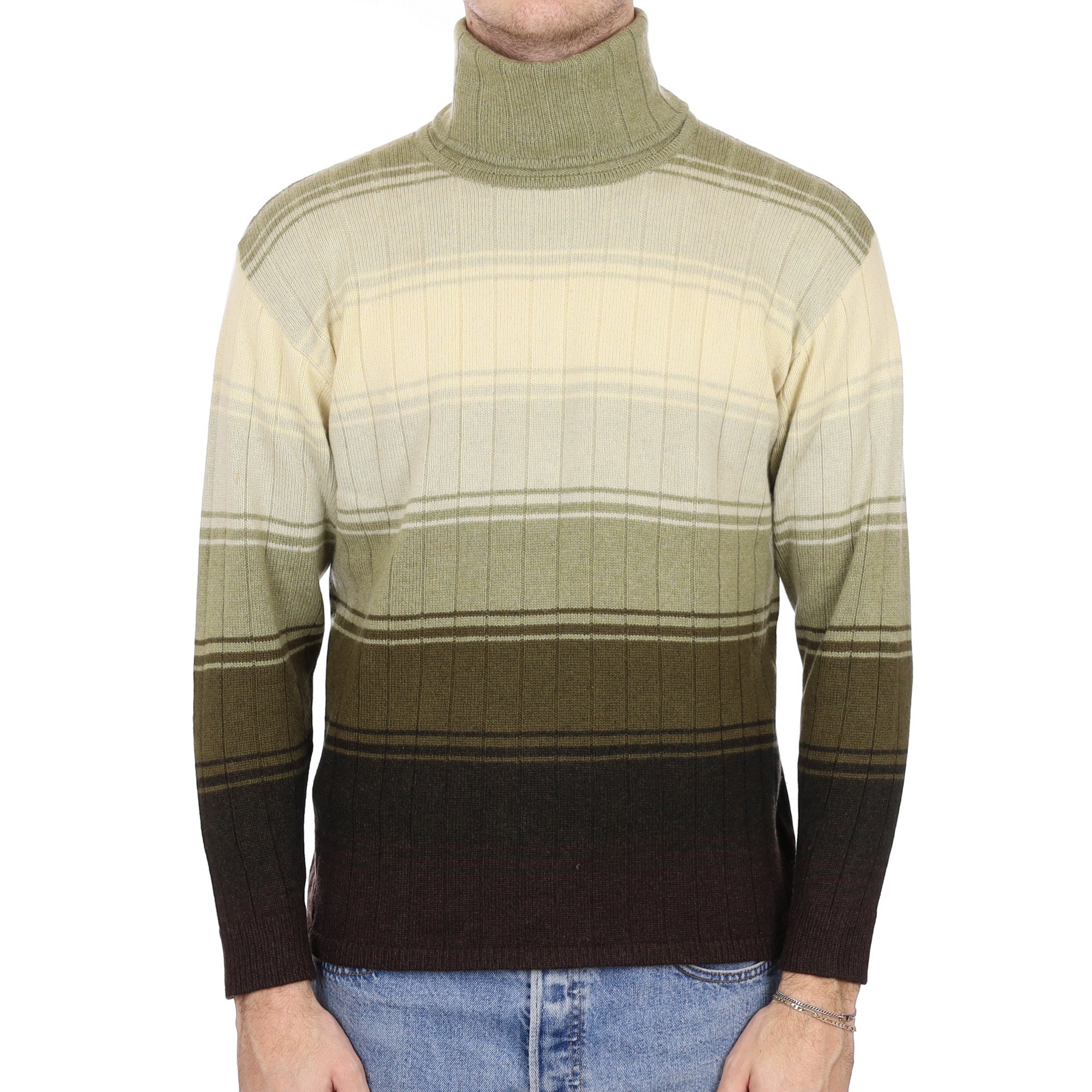 Men's Green Striped Cashmere Polo Neck Jumper Medium
