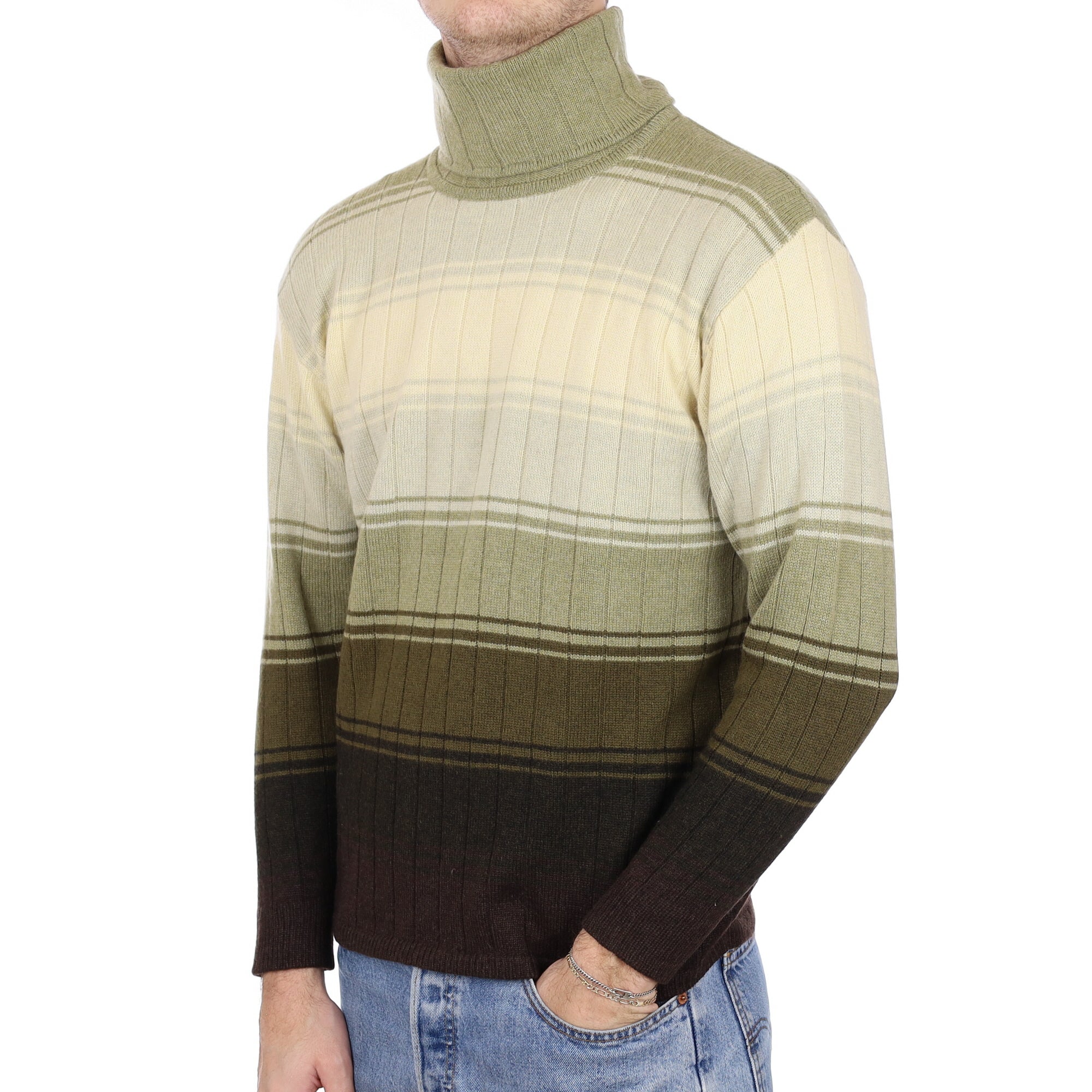 Men's Green Striped Cashmere Polo Neck Jumper Medium