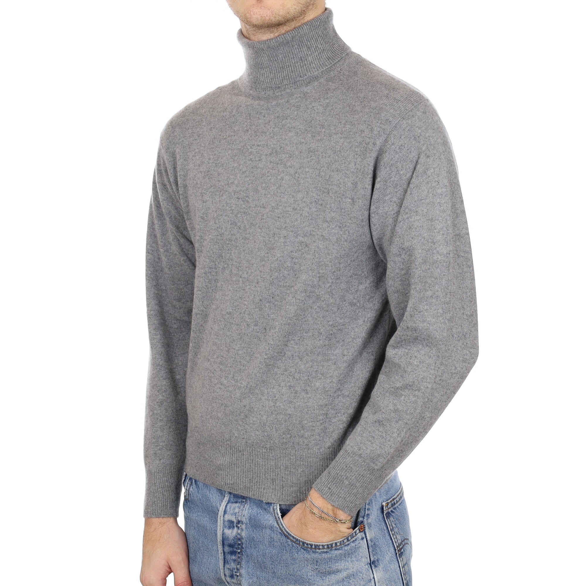 Men's Ash Grey Cashmere Polo Neck Jumper Medium