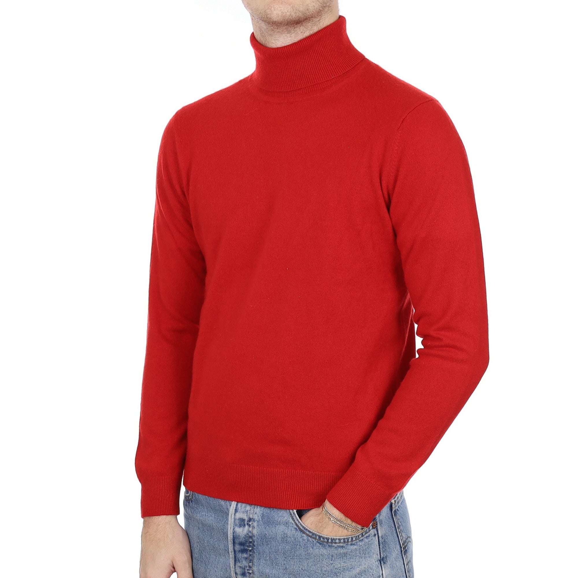 Men's Post Box Red Cashmere Polo Neck Jumper Medium