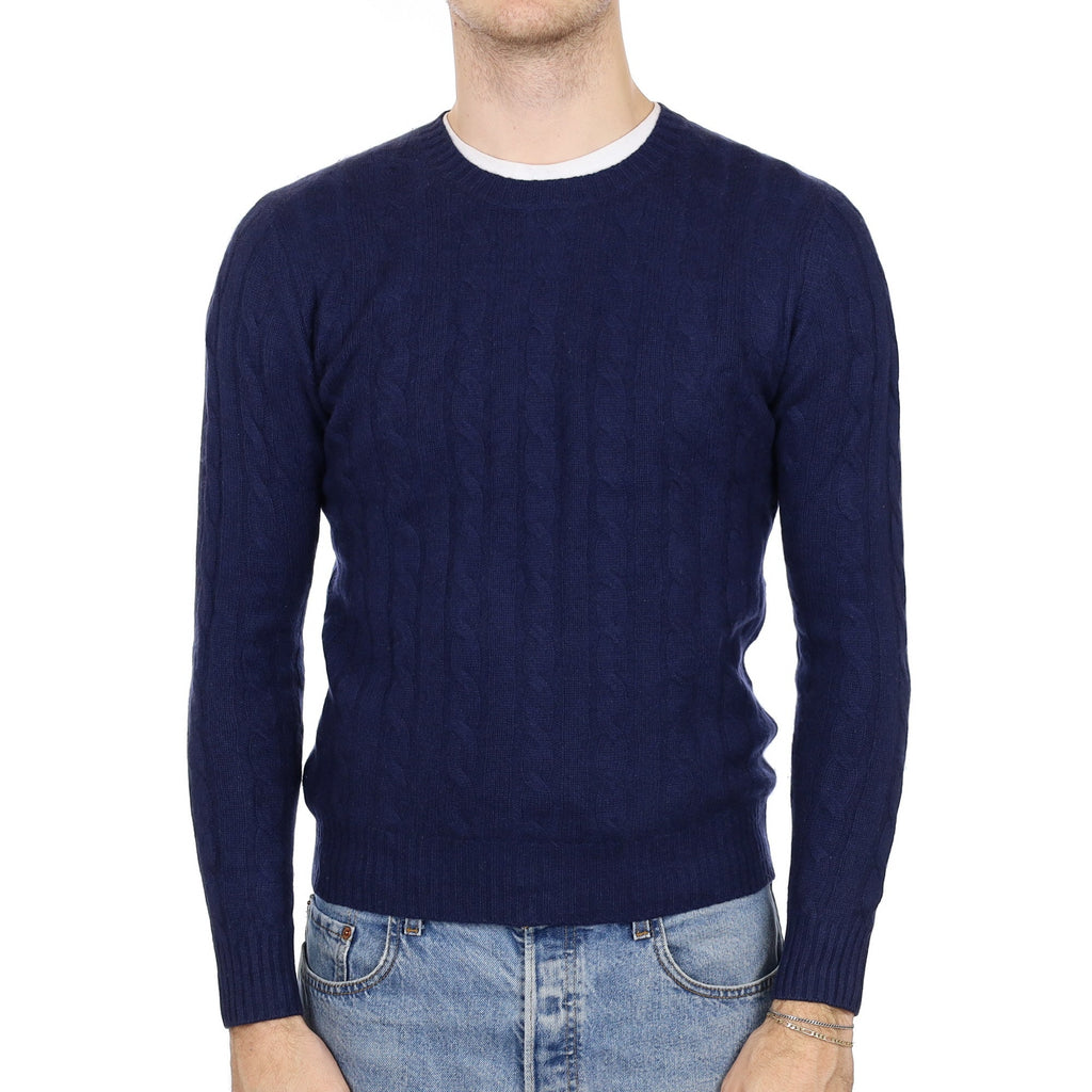 Men's Navy Blue Cable Knit Cashmere Crew Neck Jumper Medium