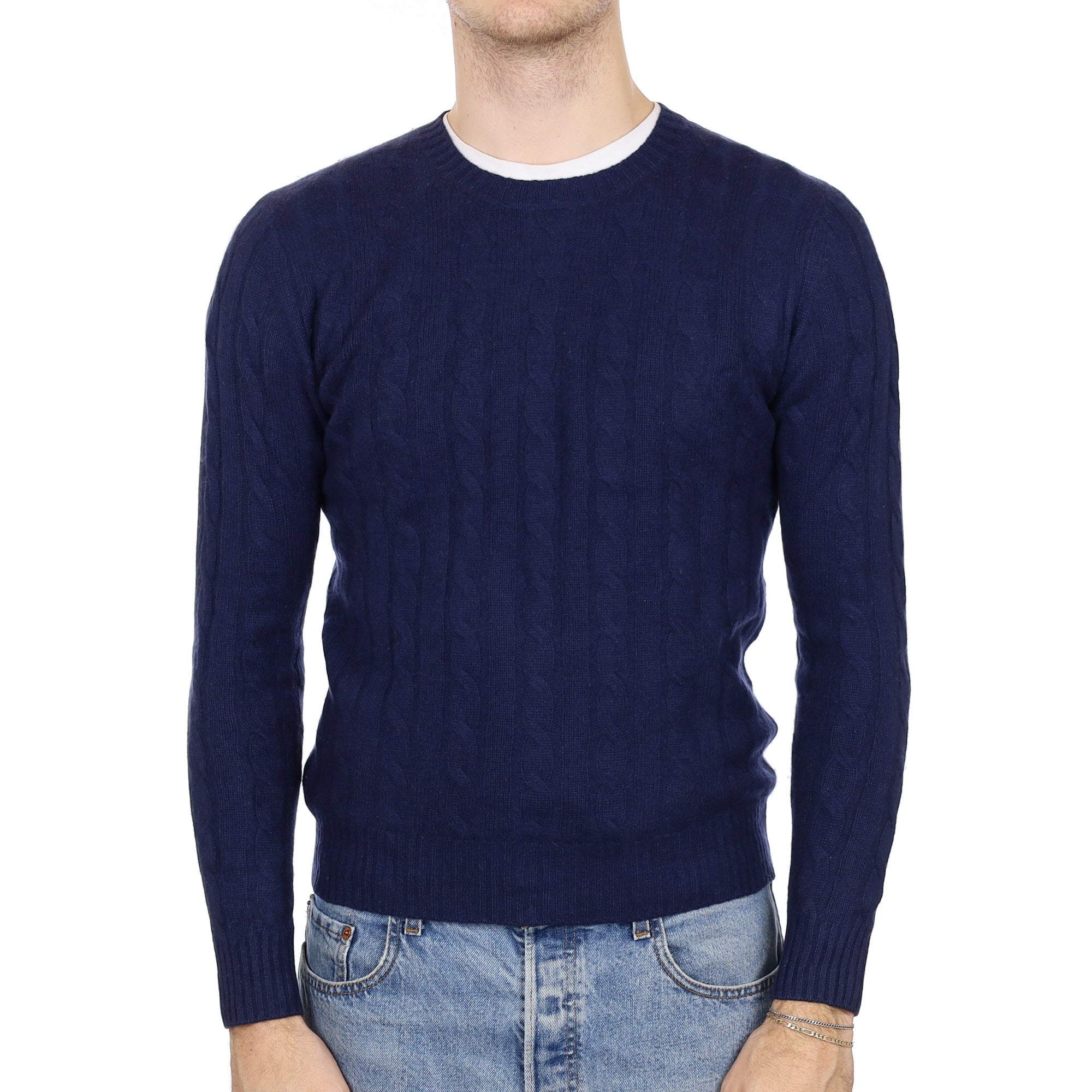 Men's Navy Blue Cable Knit Cashmere Crew Neck Jumper Medium