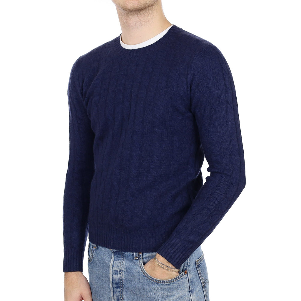 Men's Navy Blue Cable Knit Cashmere Crew Neck Jumper Medium