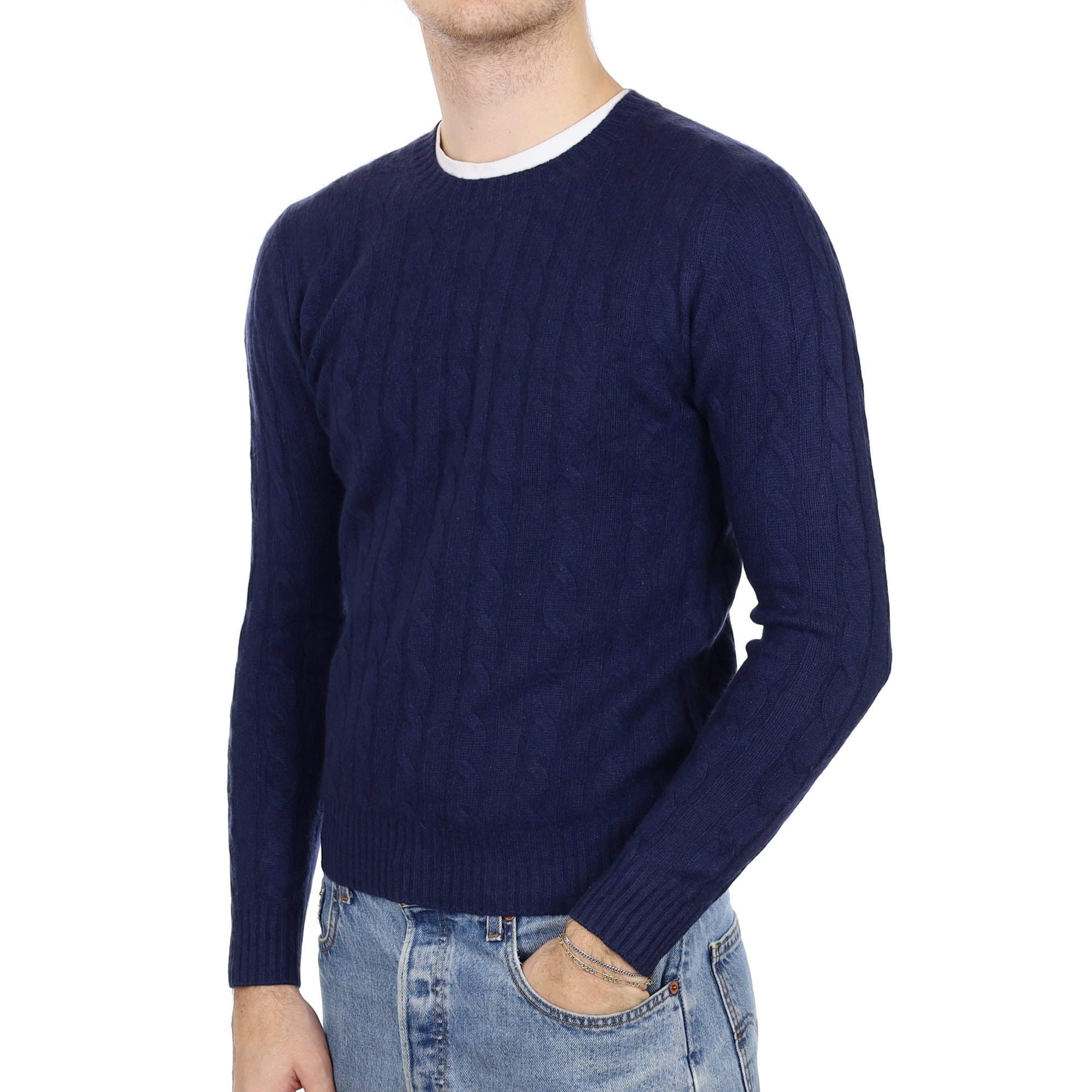 Men's Navy Blue Cable Knit Cashmere Crew Neck Jumper Medium
