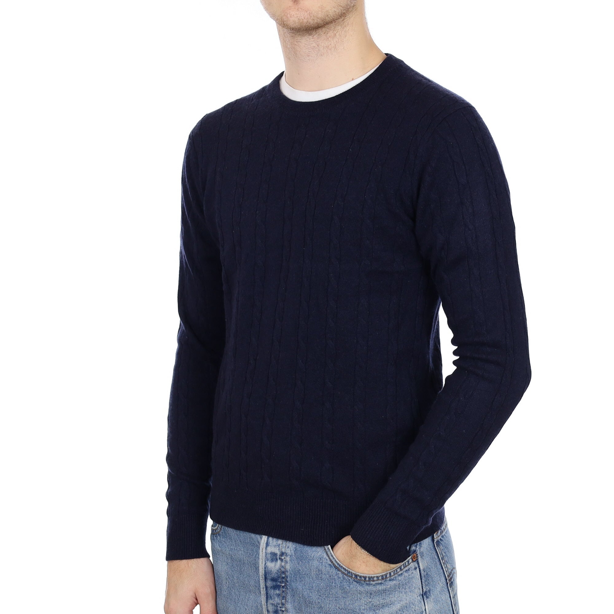 Men's Navy Cable Knit Cashmere Crew Neck Jumper Medium