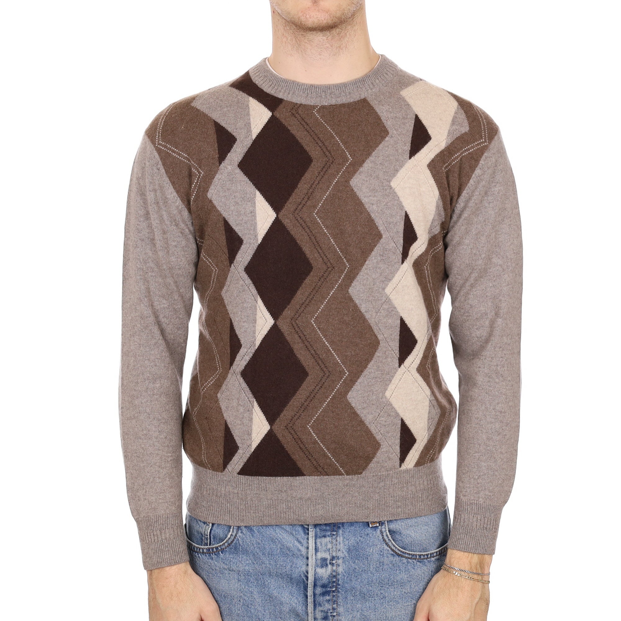 Men's Mink Brown and Grey Patterned Cashmere Crew Neck Jumper Medium