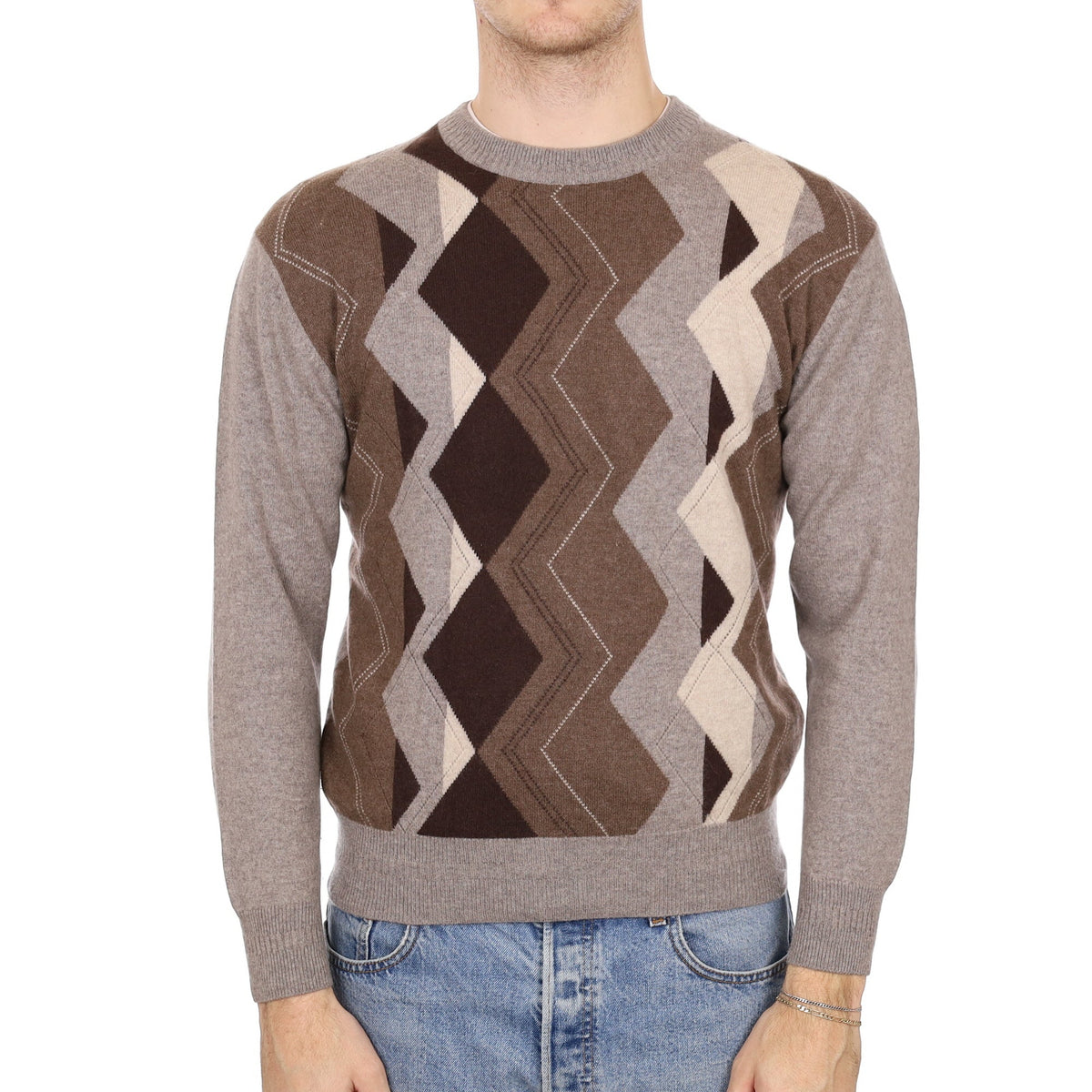 Men's Mink Brown and Grey Patterned Cashmere Crew Neck Jumper Medium