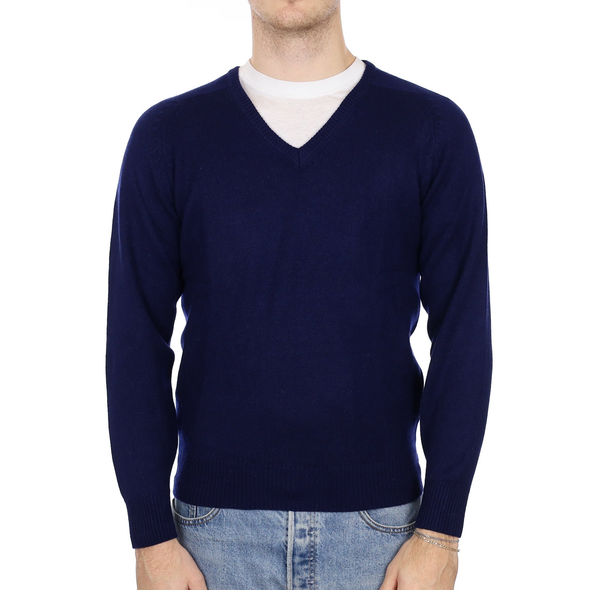 Men's Midnight Blue Cashmere V Neck Jumper Medium