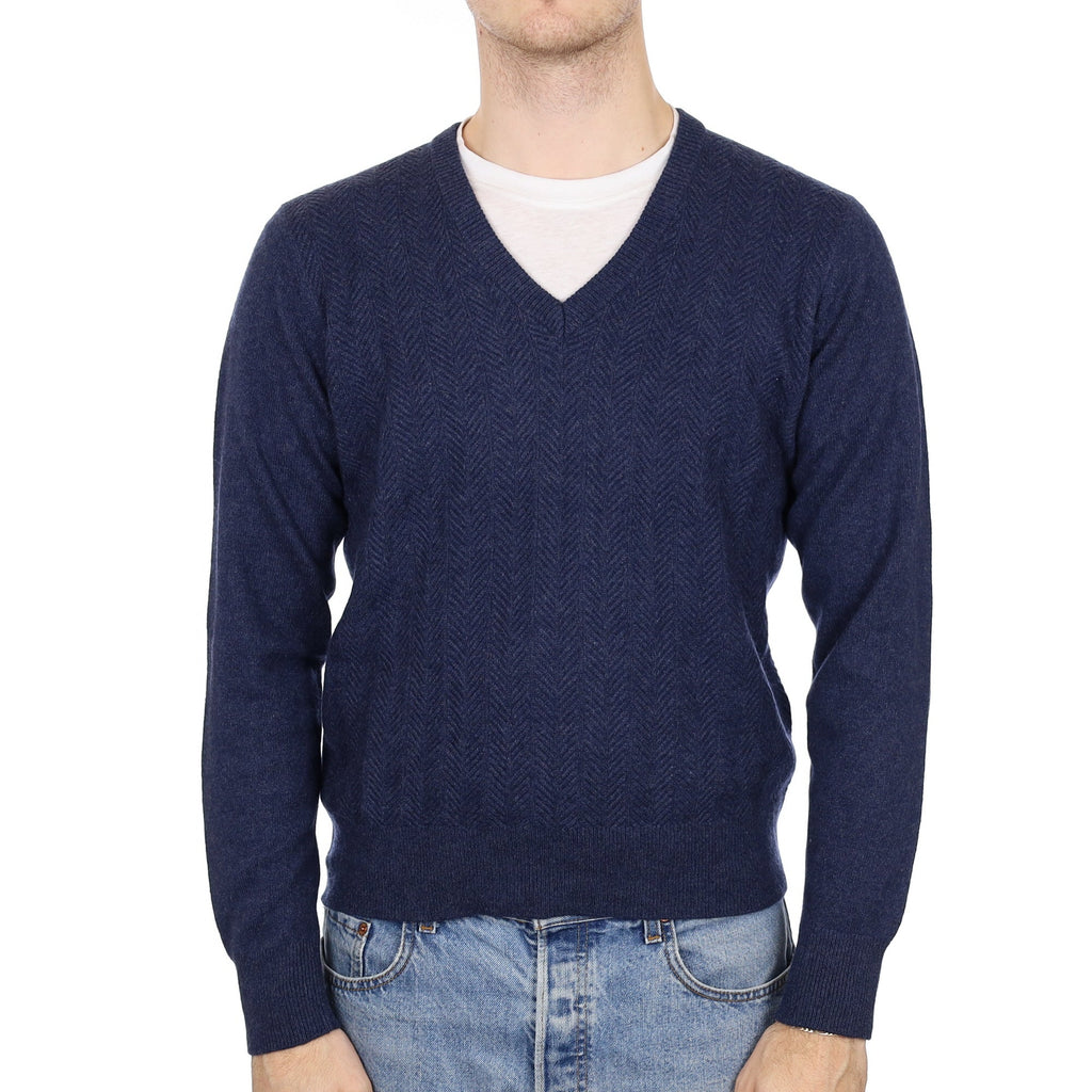 Men's Naval Blue Herringbone Cashmere V Neck Jumper Medium