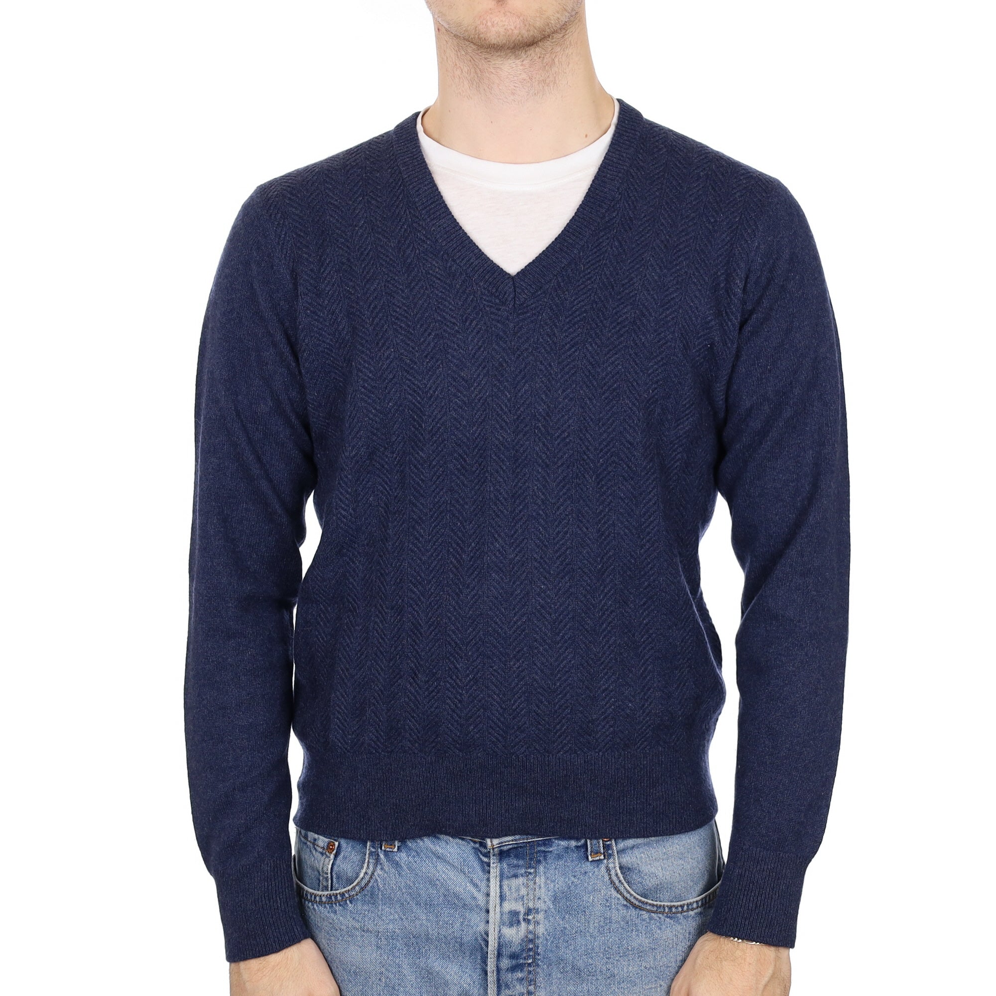 Men's Naval Blue Herringbone Cashmere V Neck Jumper Medium