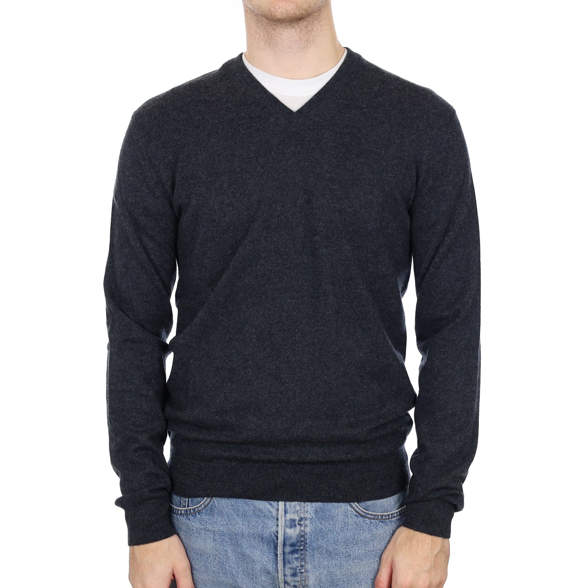 Men's Charcoal Grey Cashmere V Neck Jumper Medium