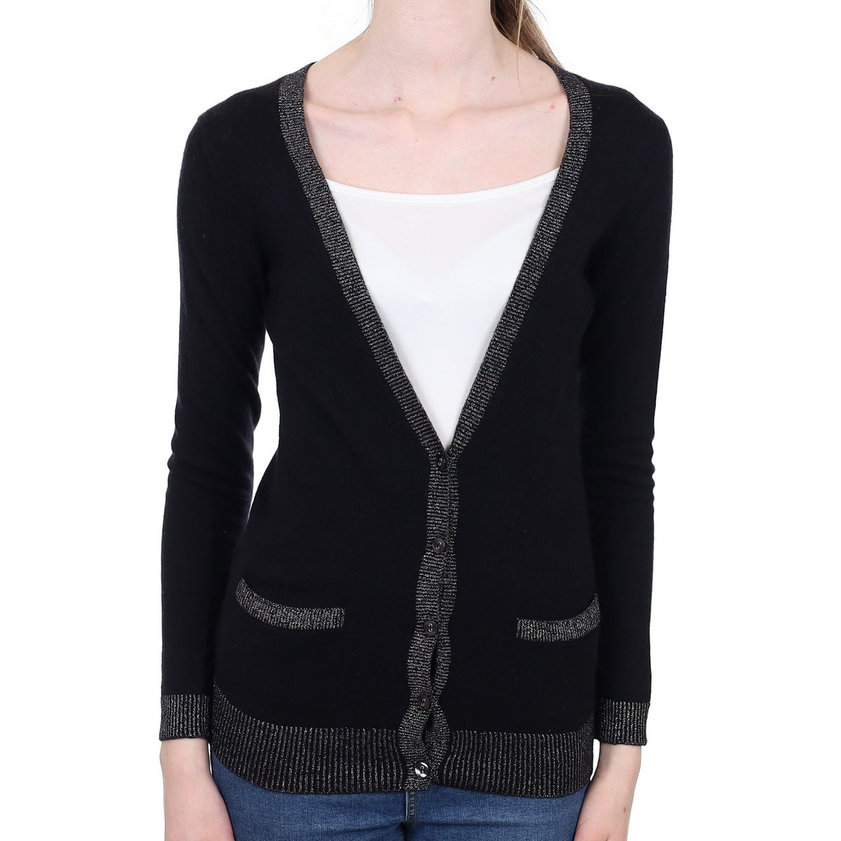Black Sparkly Trim Cashmere V Neck Cardigan With Pockets Extra Small