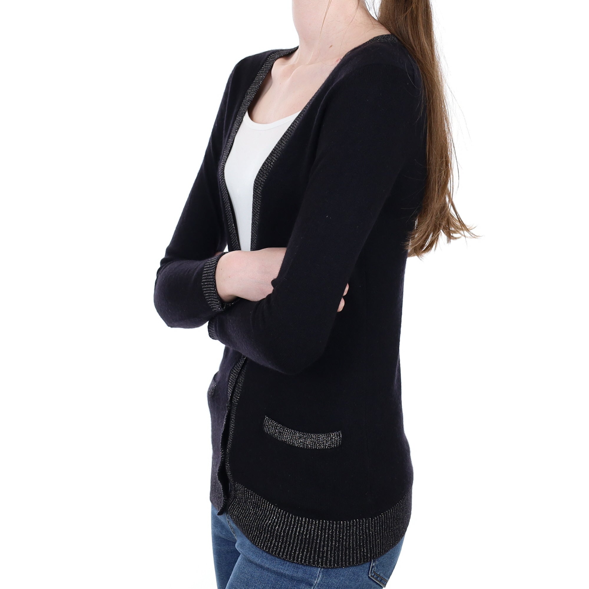Black Sparkly Trim Cashmere V Neck Cardigan With Pockets Extra Small