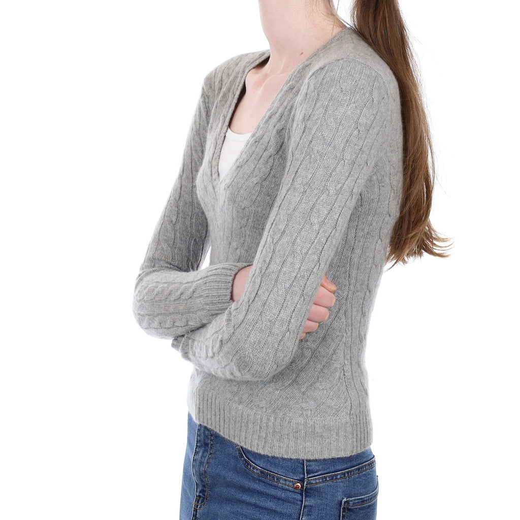 Ralph Lauren Grey Cable Cashmere V Neck Jumper Extra Small
