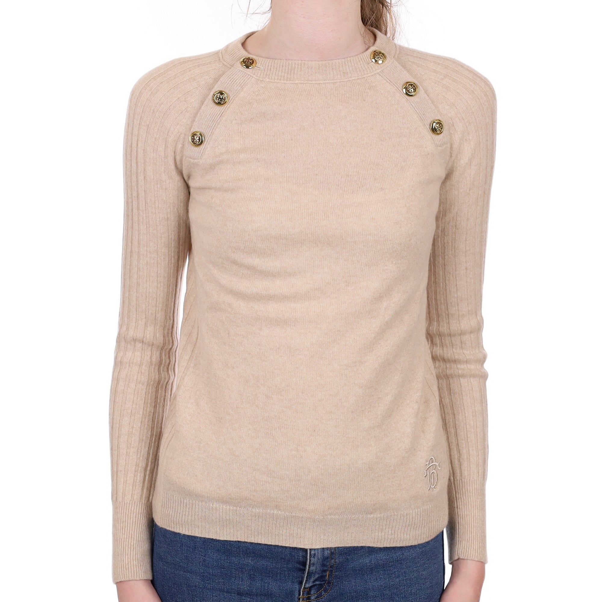 Tory Burch Fawn Button Detail Cashmere Crew Neck Jumper Extra Small