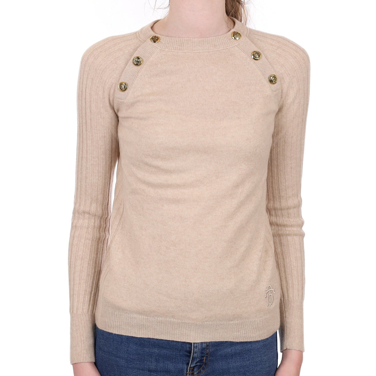 Tory Burch Fawn Button Detail Cashmere Crew Neck Jumper Extra Small