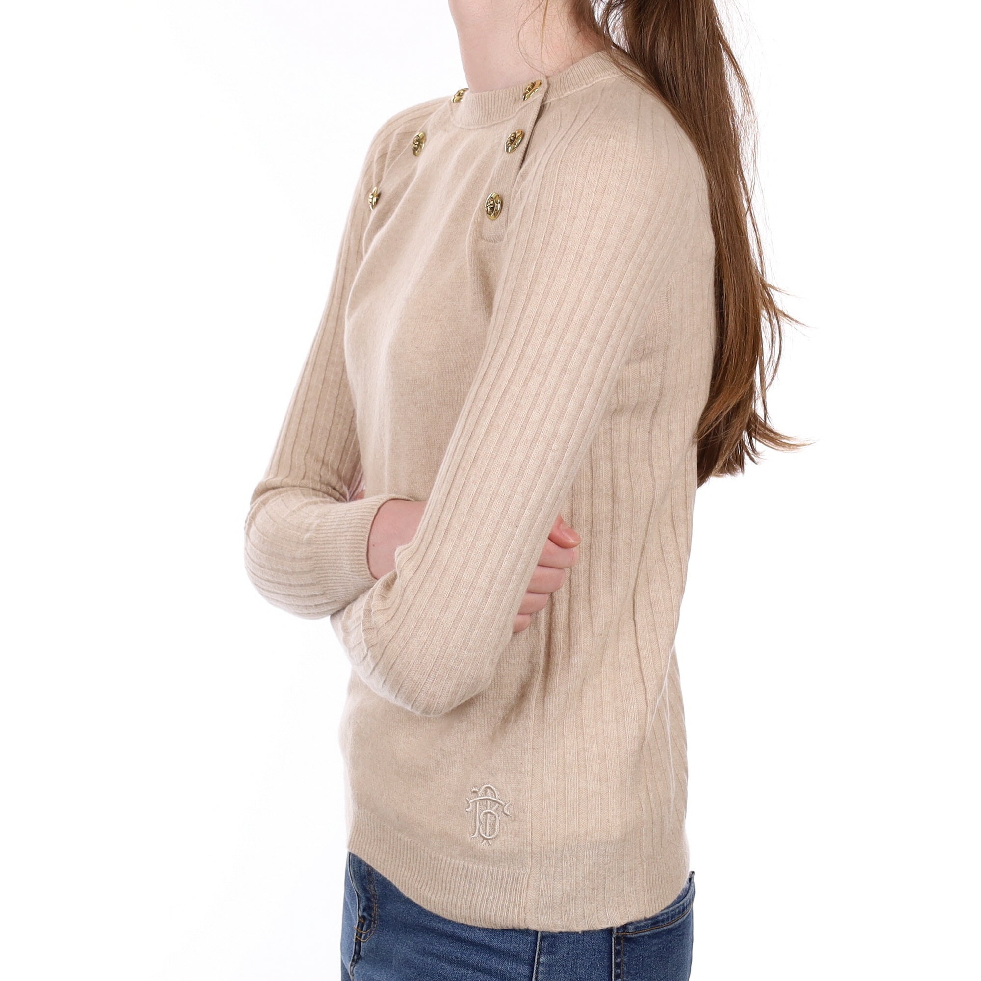 Tory Burch Fawn Button Detail Cashmere Crew Neck Jumper Extra Small