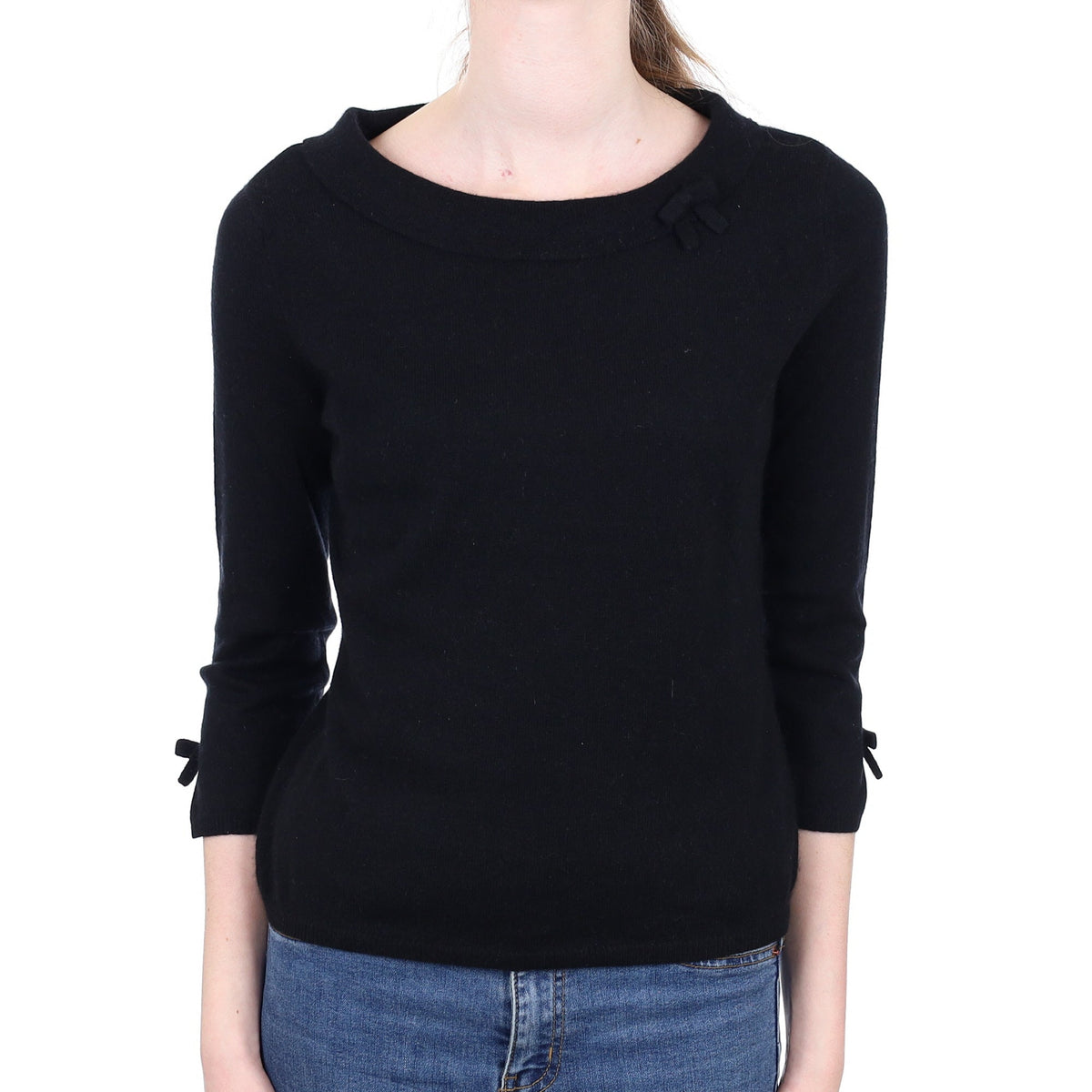 Black Cashmere Bow Detail Boat Neck Jumper Extra Small