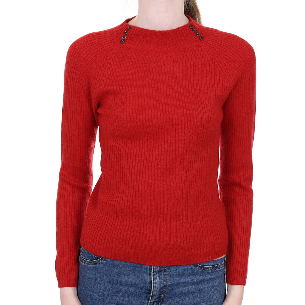 Red Rib Cashmere Buttoned Turtle Neck Jumper Extra Small