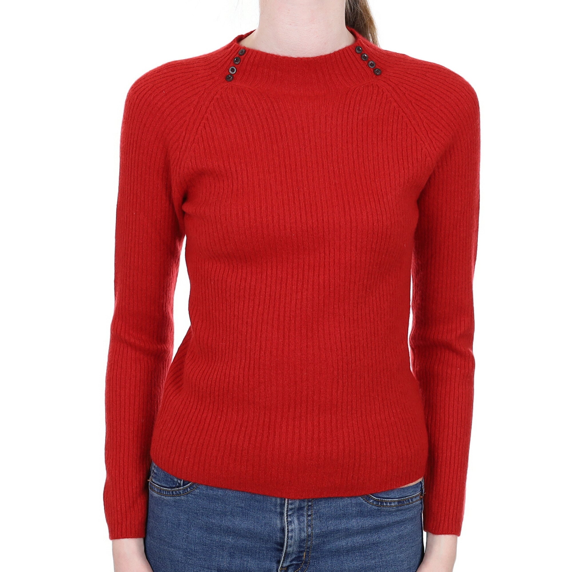 Red Rib Cashmere Buttoned Turtle Neck Jumper Extra Small