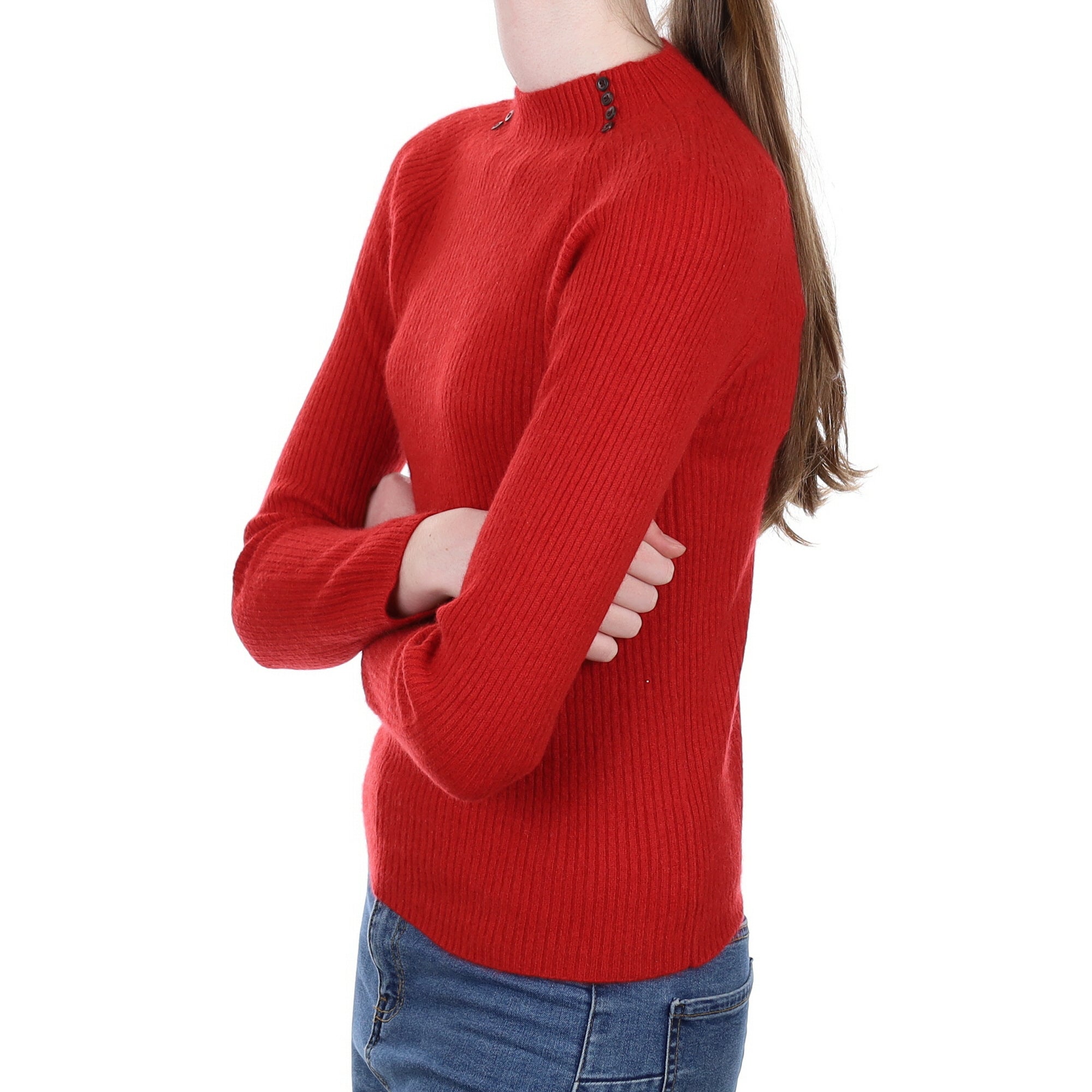 Red Rib Cashmere Buttoned Turtle Neck Jumper Extra Small