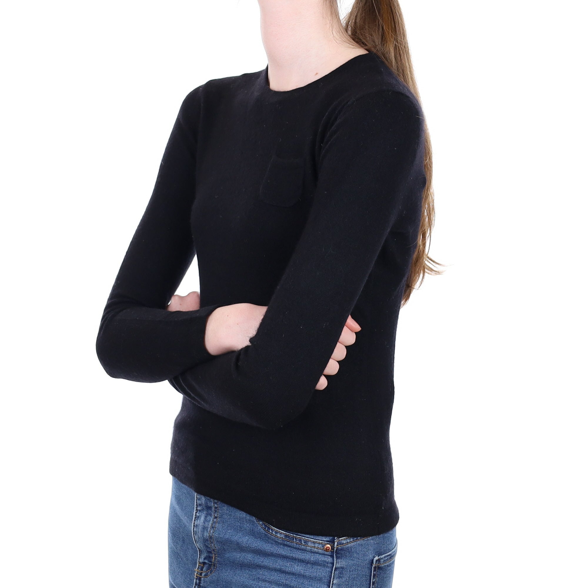 Black Cashmere Crew Neck Jumper with Chest Pocket Extra Small