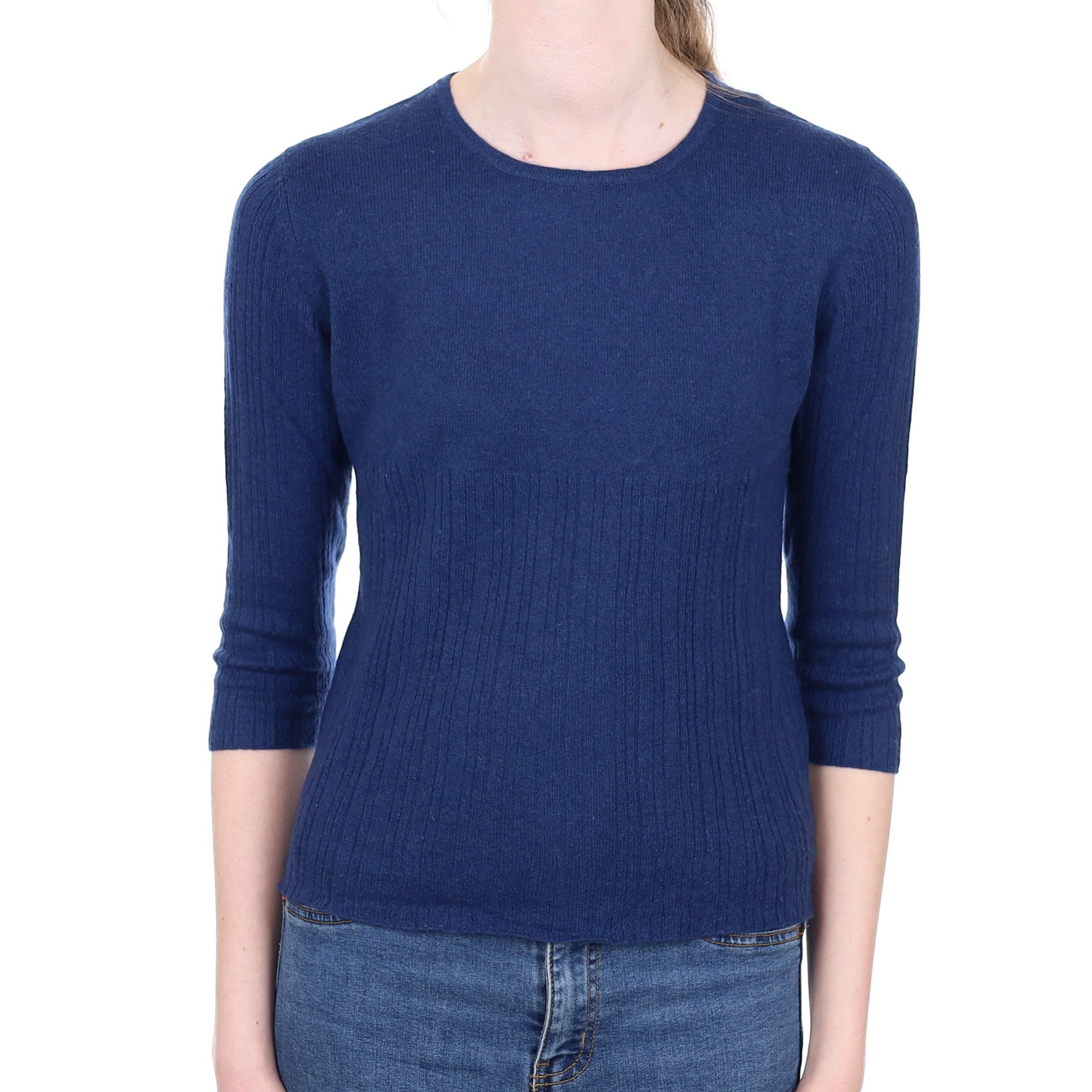 Naval Blue Cashmere Rib Detail Crew Neck Jumper Extra Small