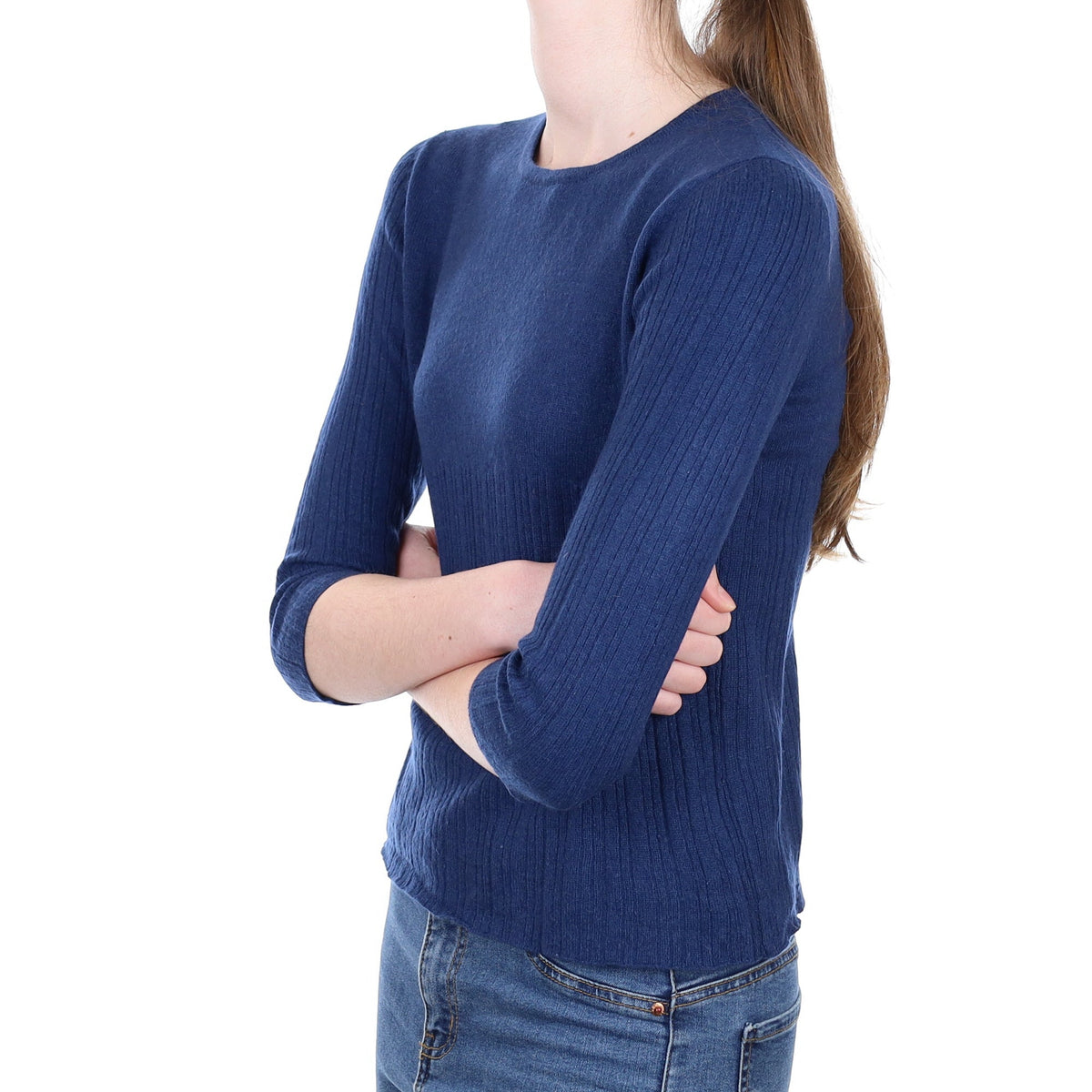 Naval Blue Cashmere Rib Detail Crew Neck Jumper Extra Small