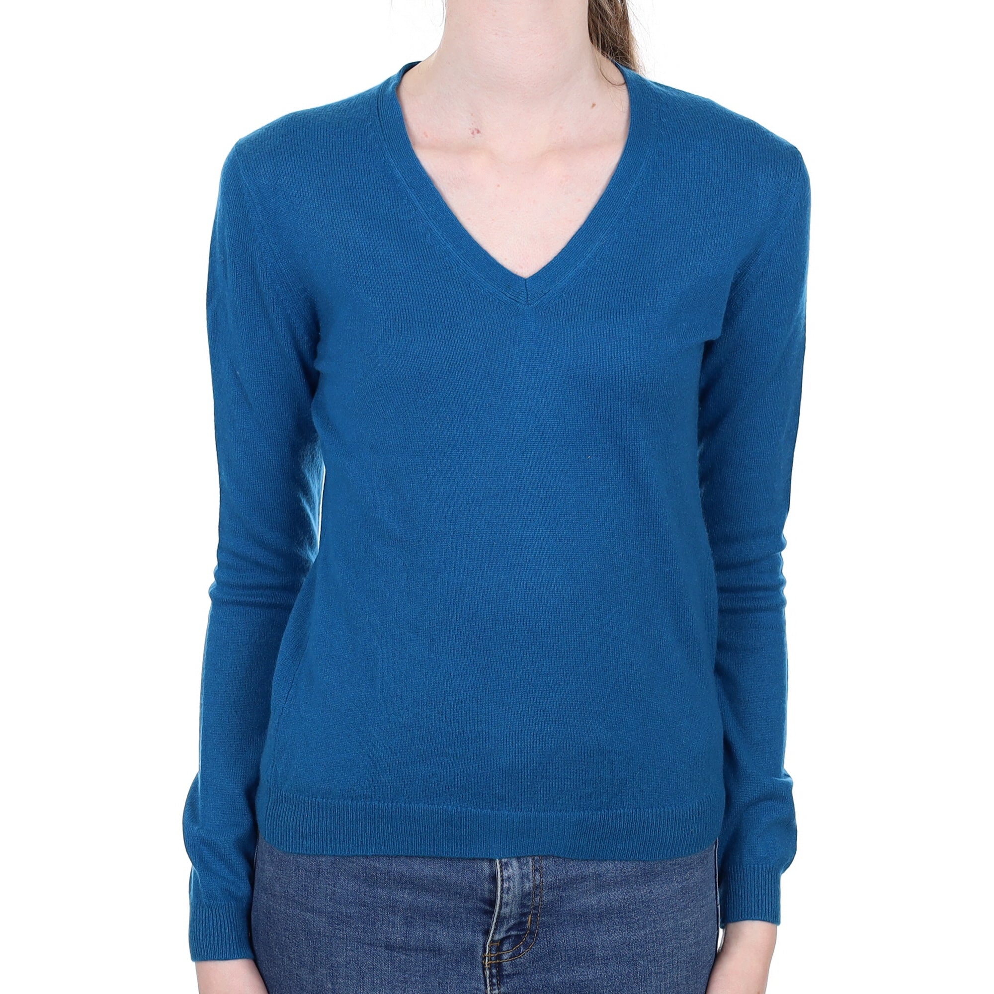 Peacock Blue Cashmere V Neck Jumper Extra Small
