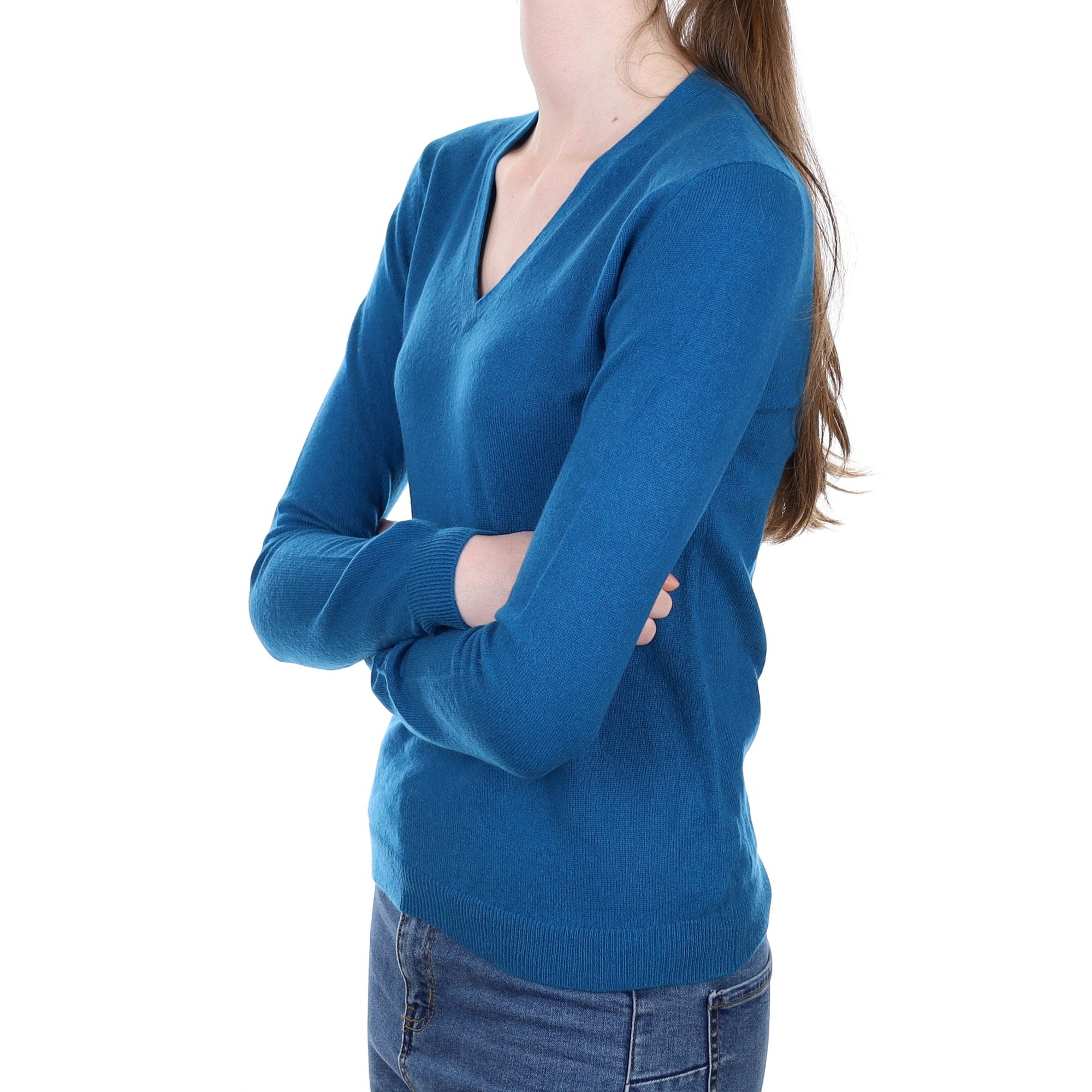Peacock Blue Cashmere V Neck Jumper Extra Small