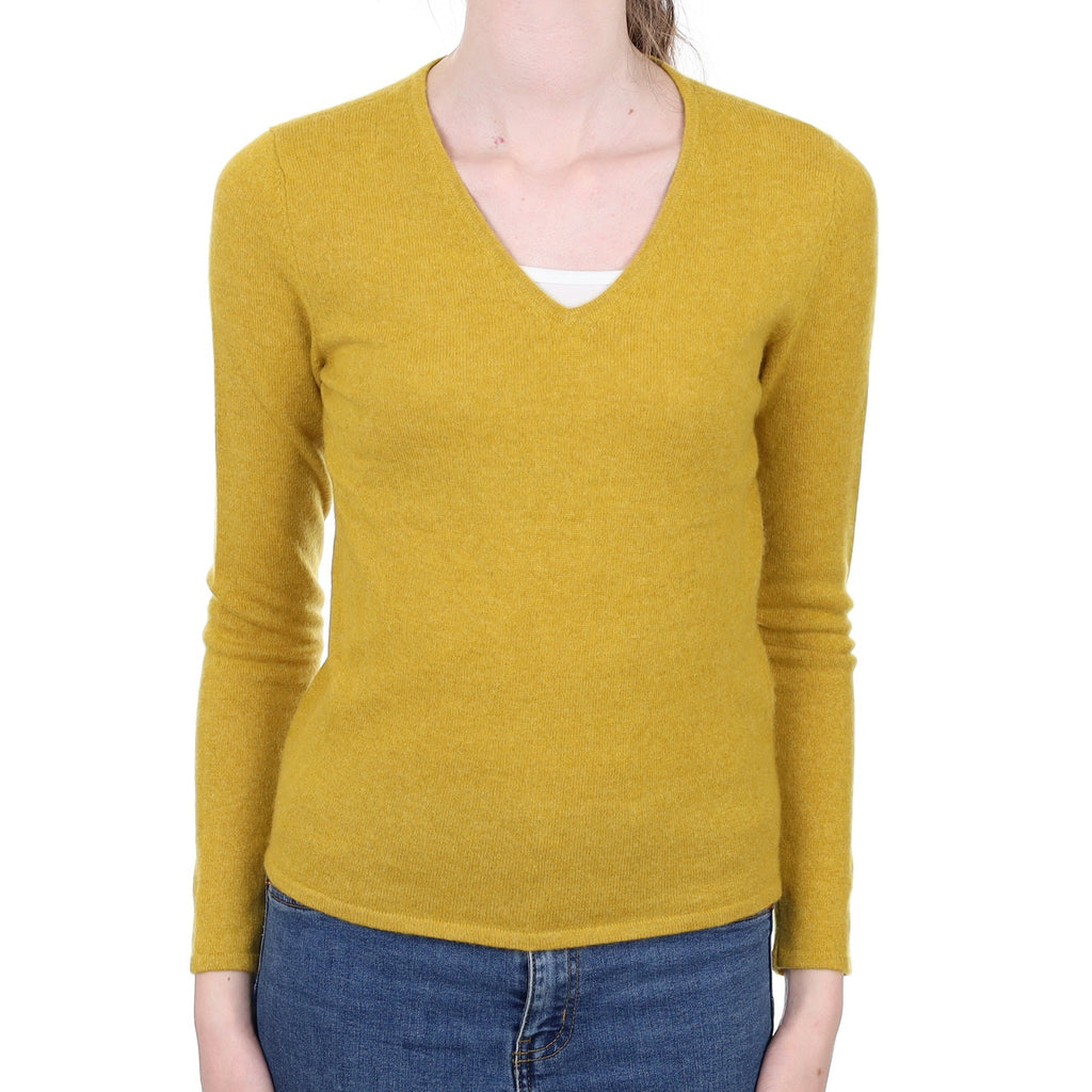 Mustard Yellow Cashmere V Neck Jumper Extra Small