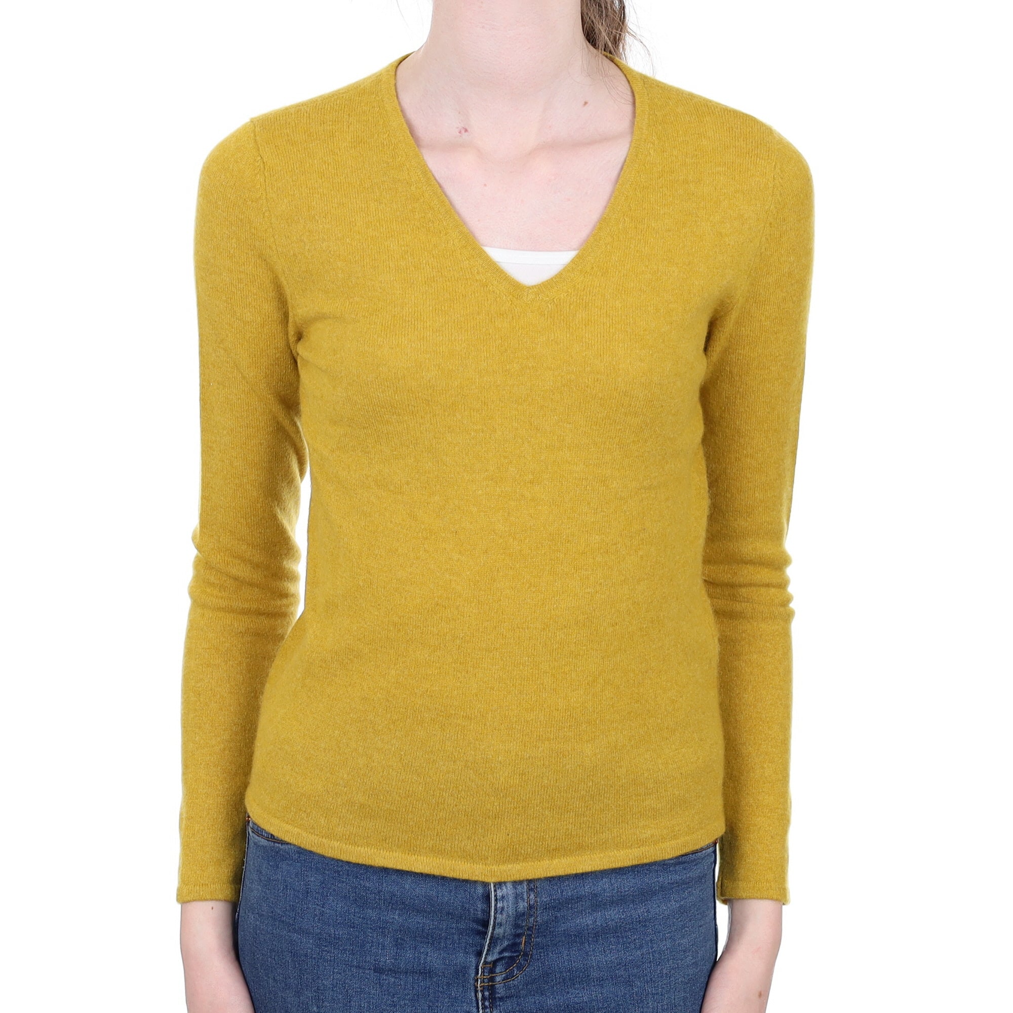 Mustard Yellow Cashmere V Neck Jumper Extra Small