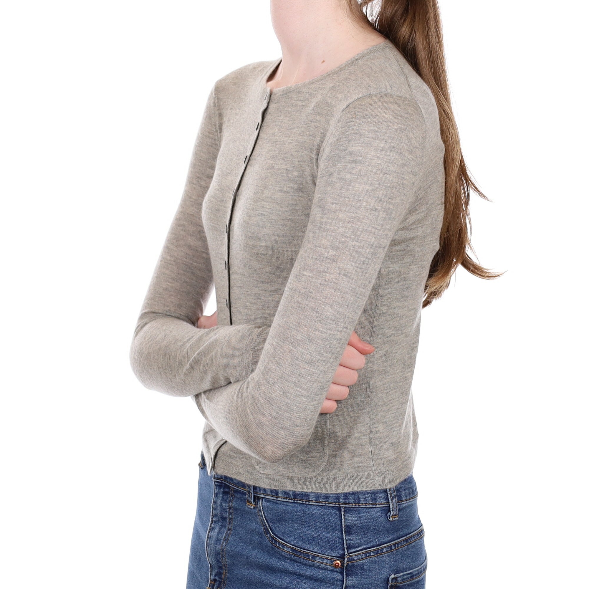 Ash Grey Cashmere Fine Knit Cardigan with Pockets Extra Small