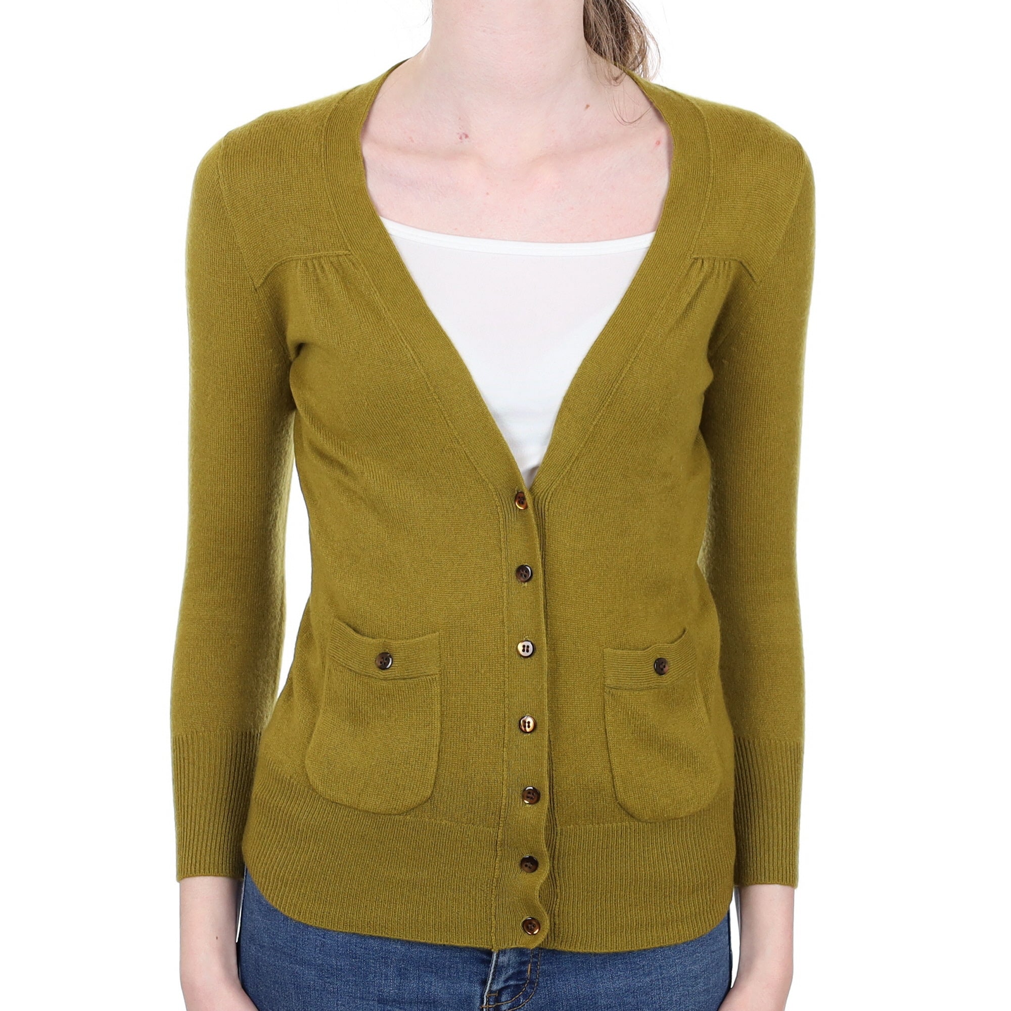 Moss Green Cashmere V Neck Cardigan with Pockets Extra Small