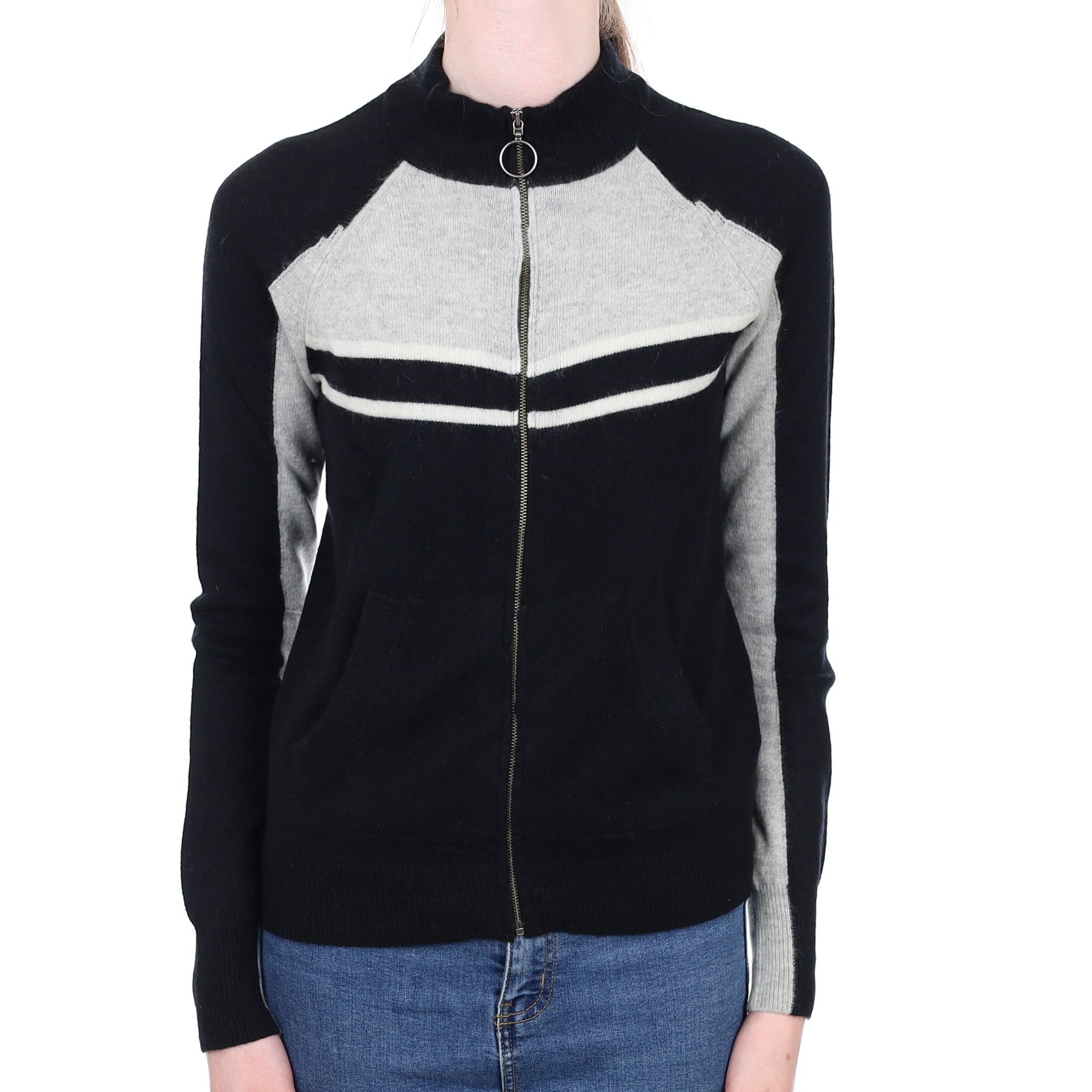 Black and Grey Cashmere Zip Up Cardigan with Pockets Extra Small