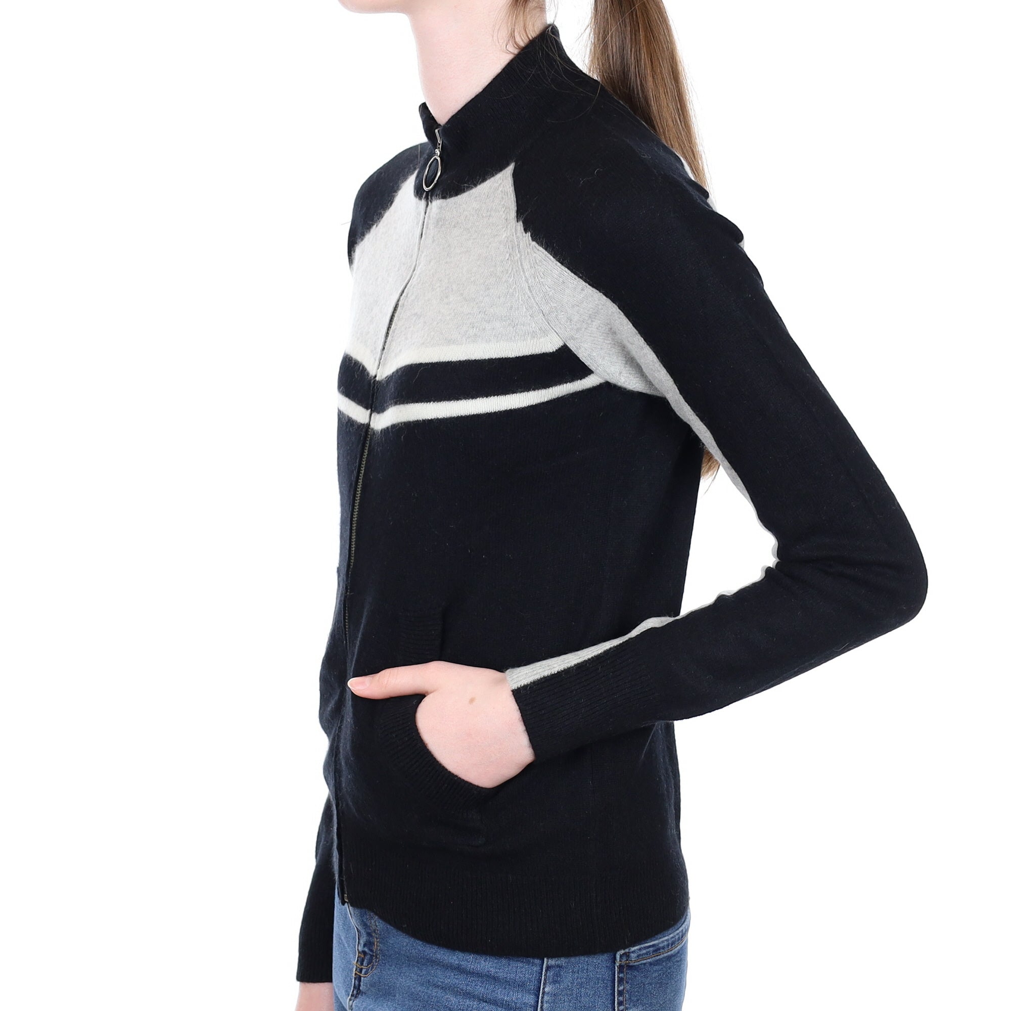 Black and Grey Cashmere Zip Up Cardigan with Pockets Extra Small