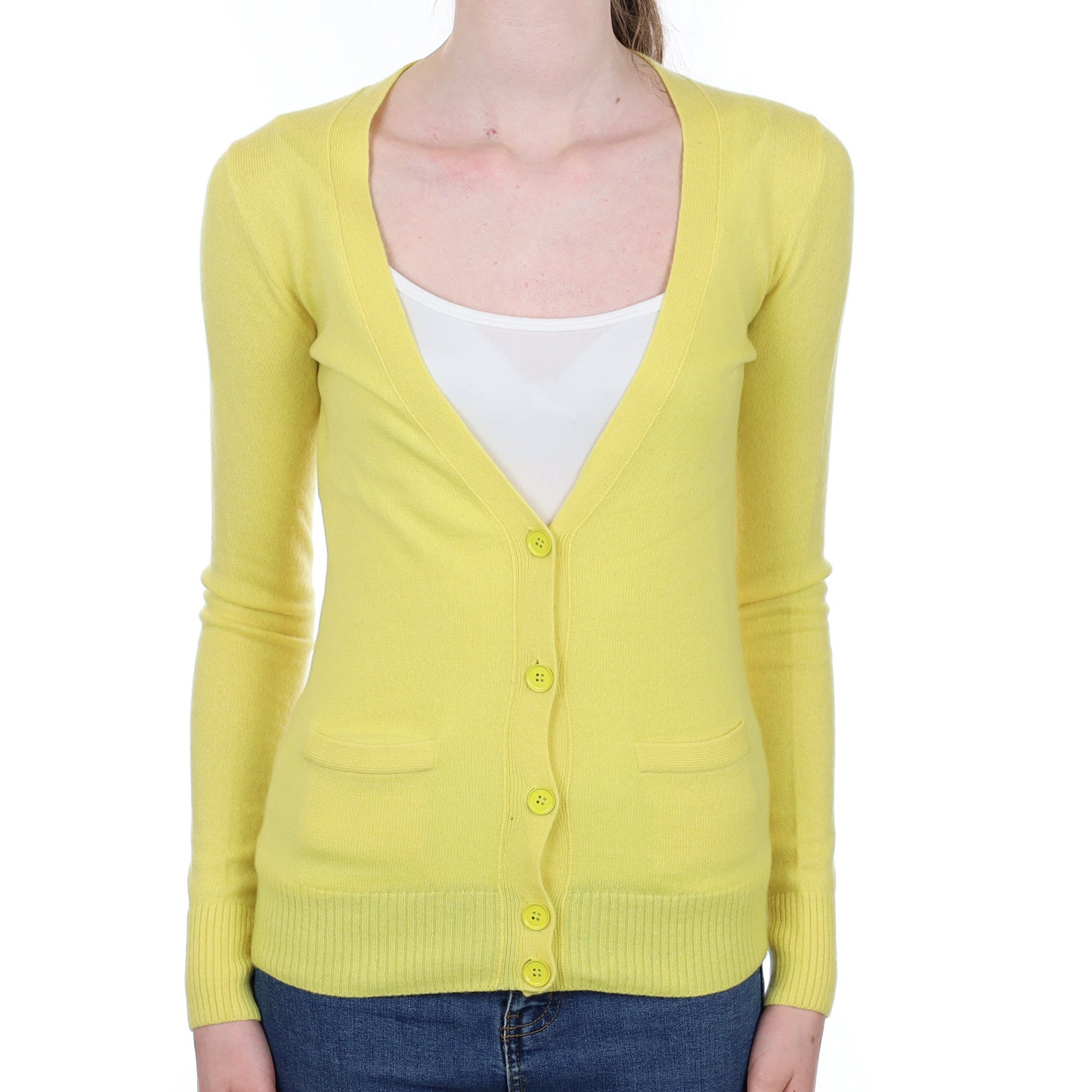 Lemon Yellow Cashmere V Neck Cardigan with Pockets Extra Small