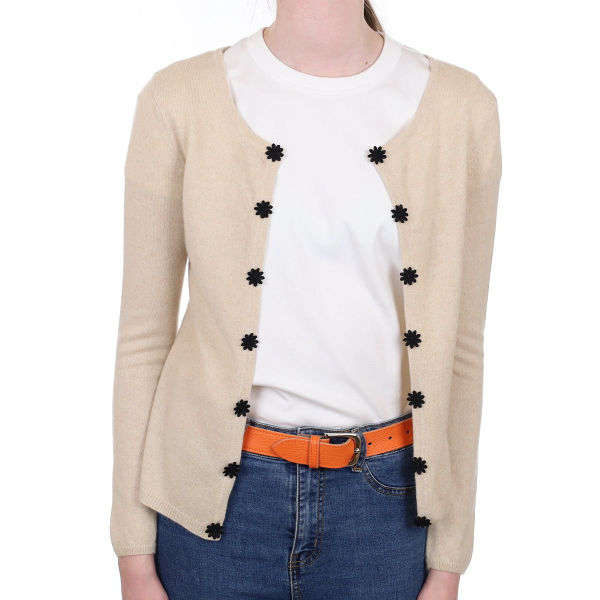 Oatmeal Flower Detail Cashmere Edge to Edge Cardigan Extra Small