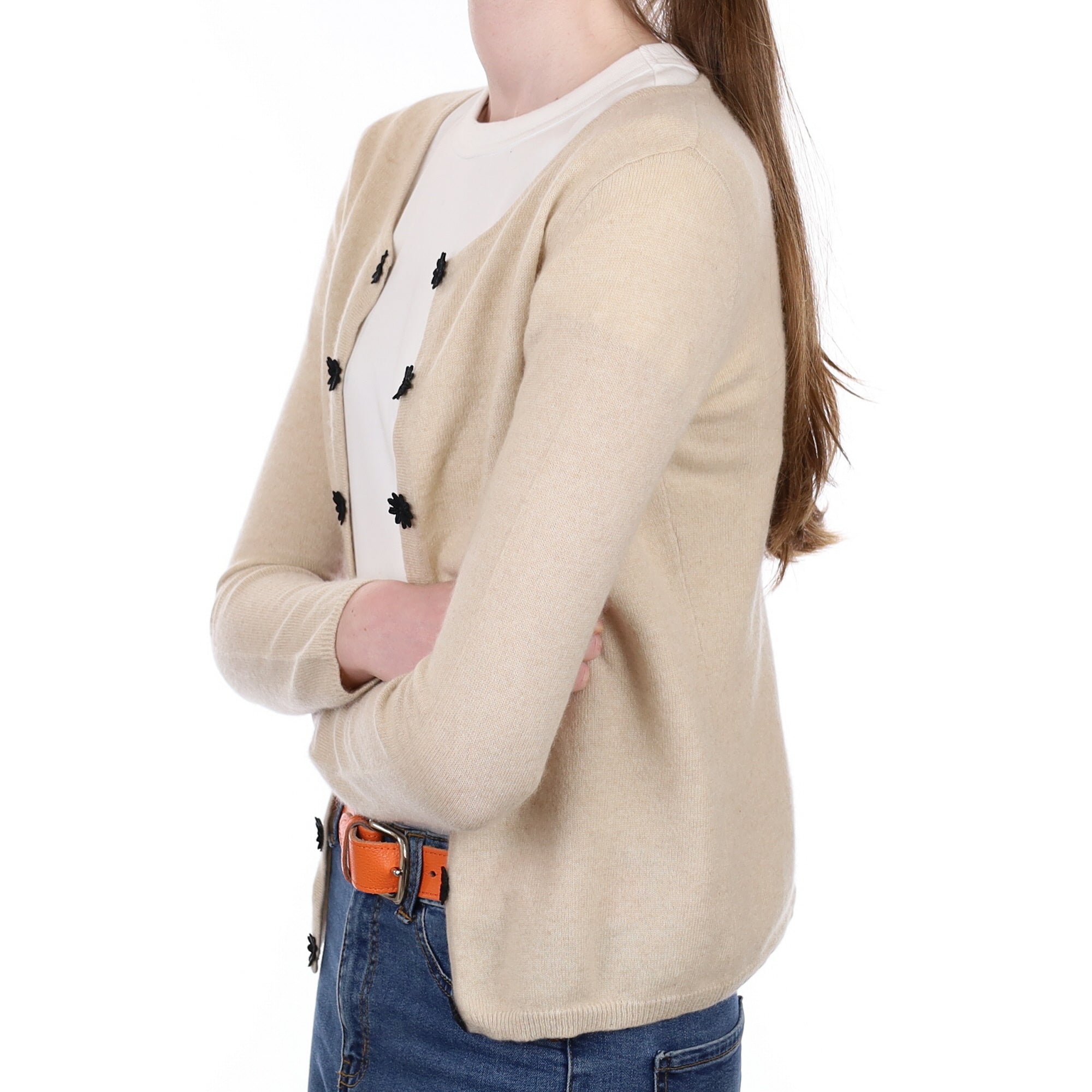 Oatmeal Flower Detail Cashmere Edge to Edge Cardigan Extra Small