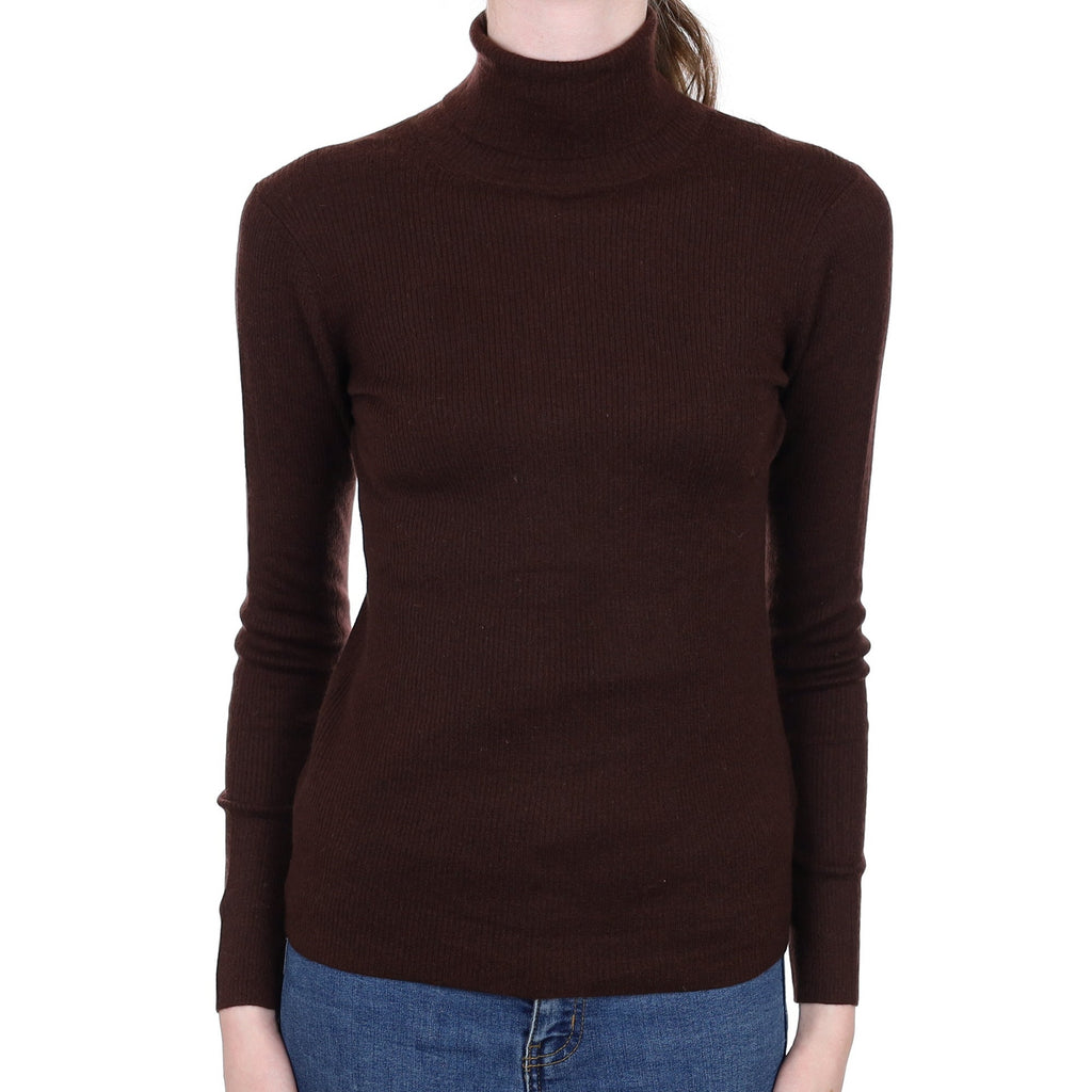 Chocolate Brown Rib Cashmere Polo Neck Jumper Extra Small