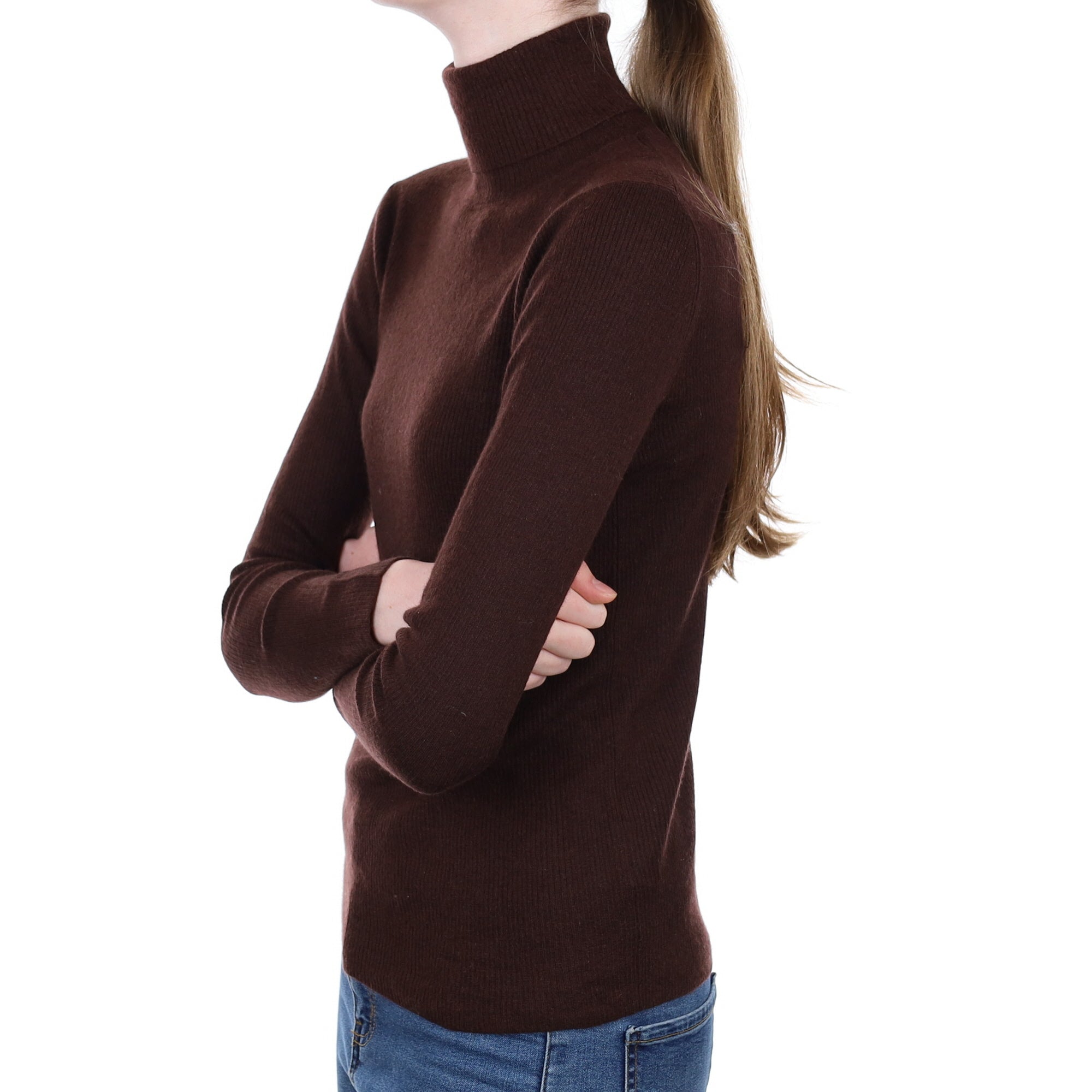 Chocolate Brown Rib Cashmere Polo Neck Jumper Extra Small