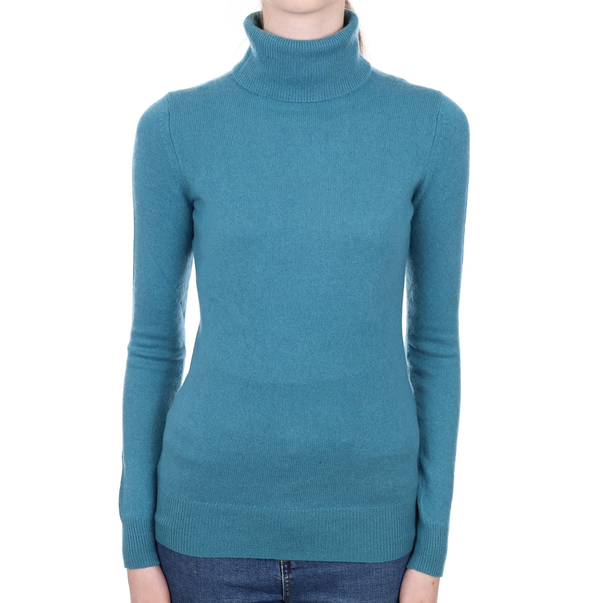 Deep Aqua Cashmere Polo Neck Jumper Extra Small