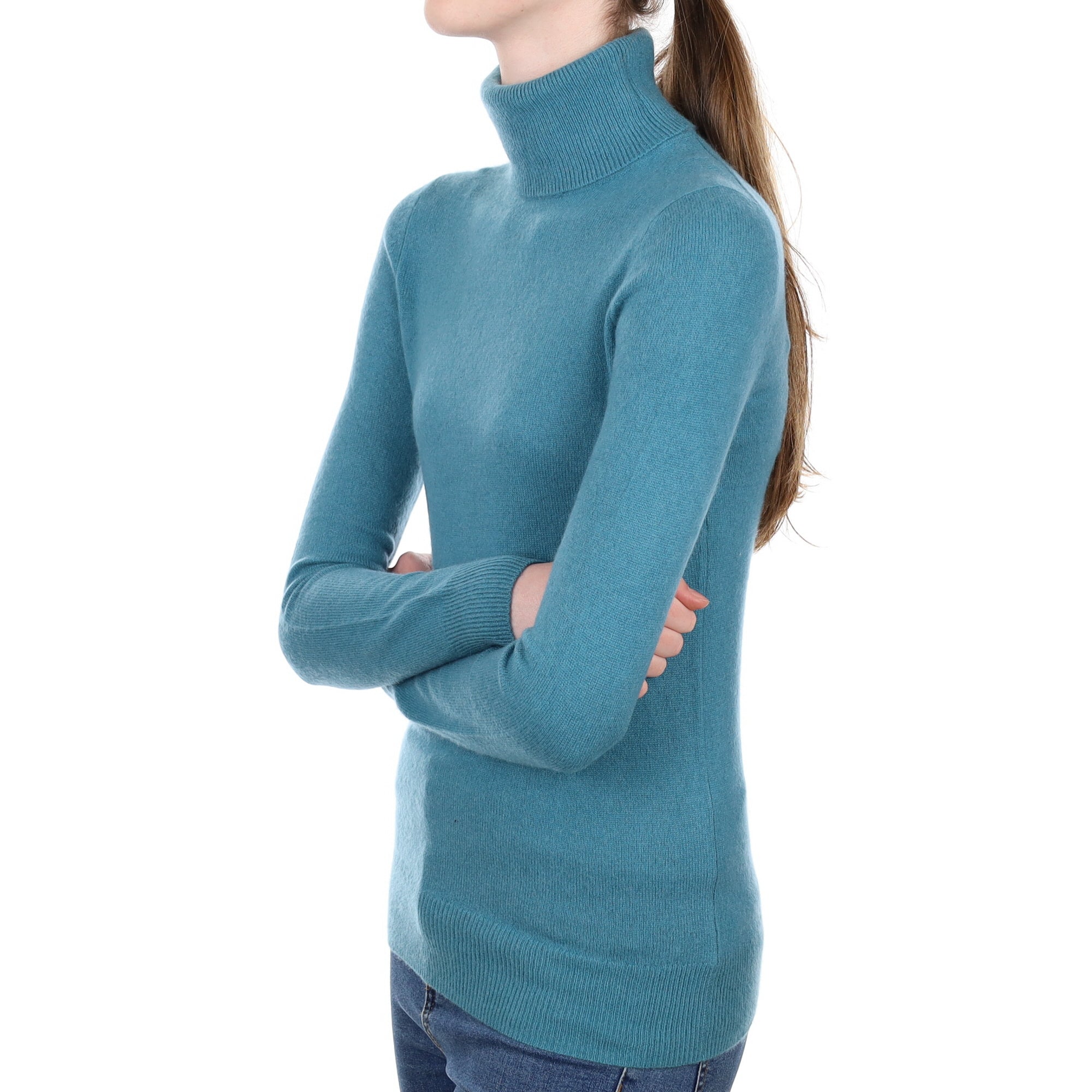 Deep Aqua Cashmere Polo Neck Jumper Extra Small