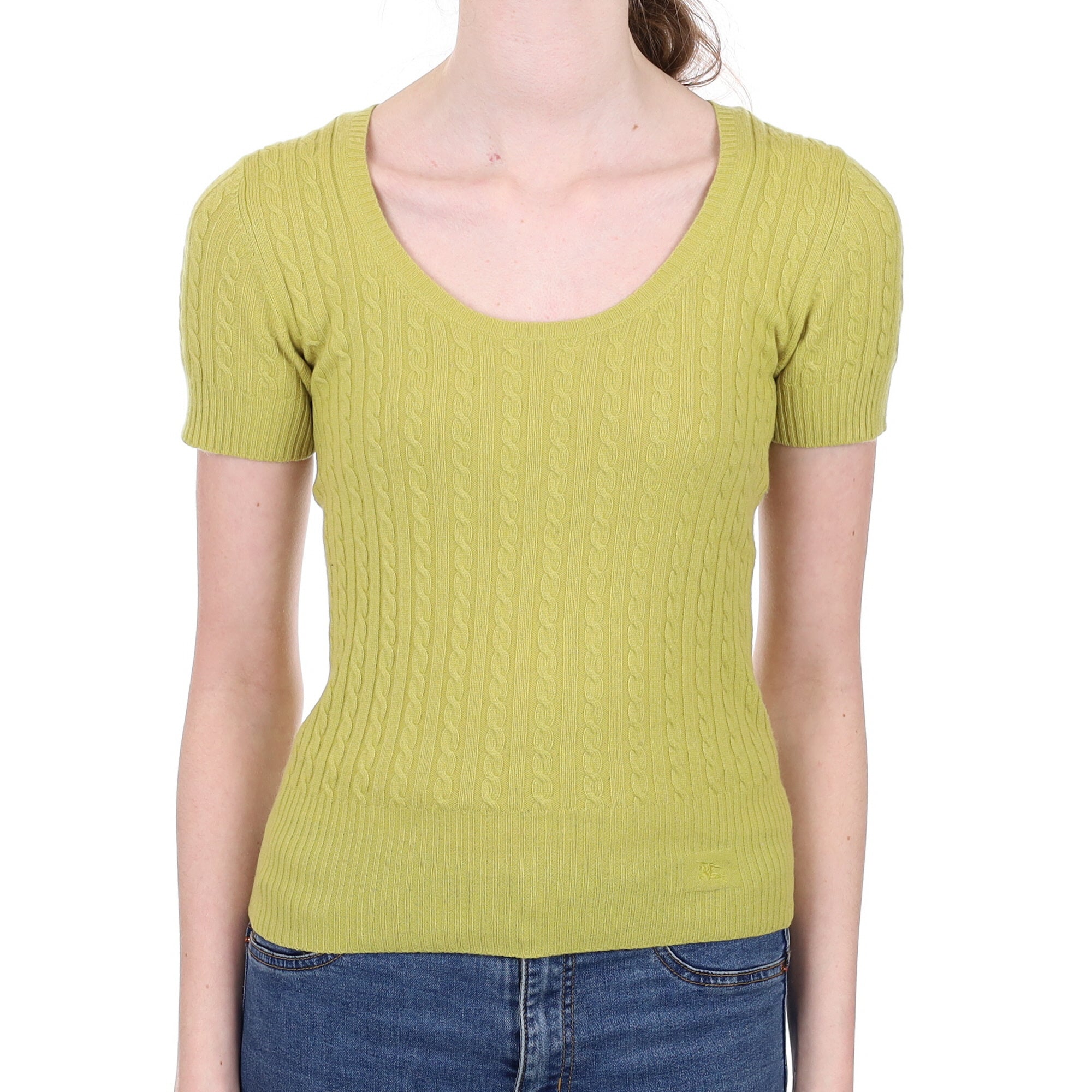 Burberry Lichen Green Cable Cashmere Short Sleeve Crew Neck Jumper Extra Small