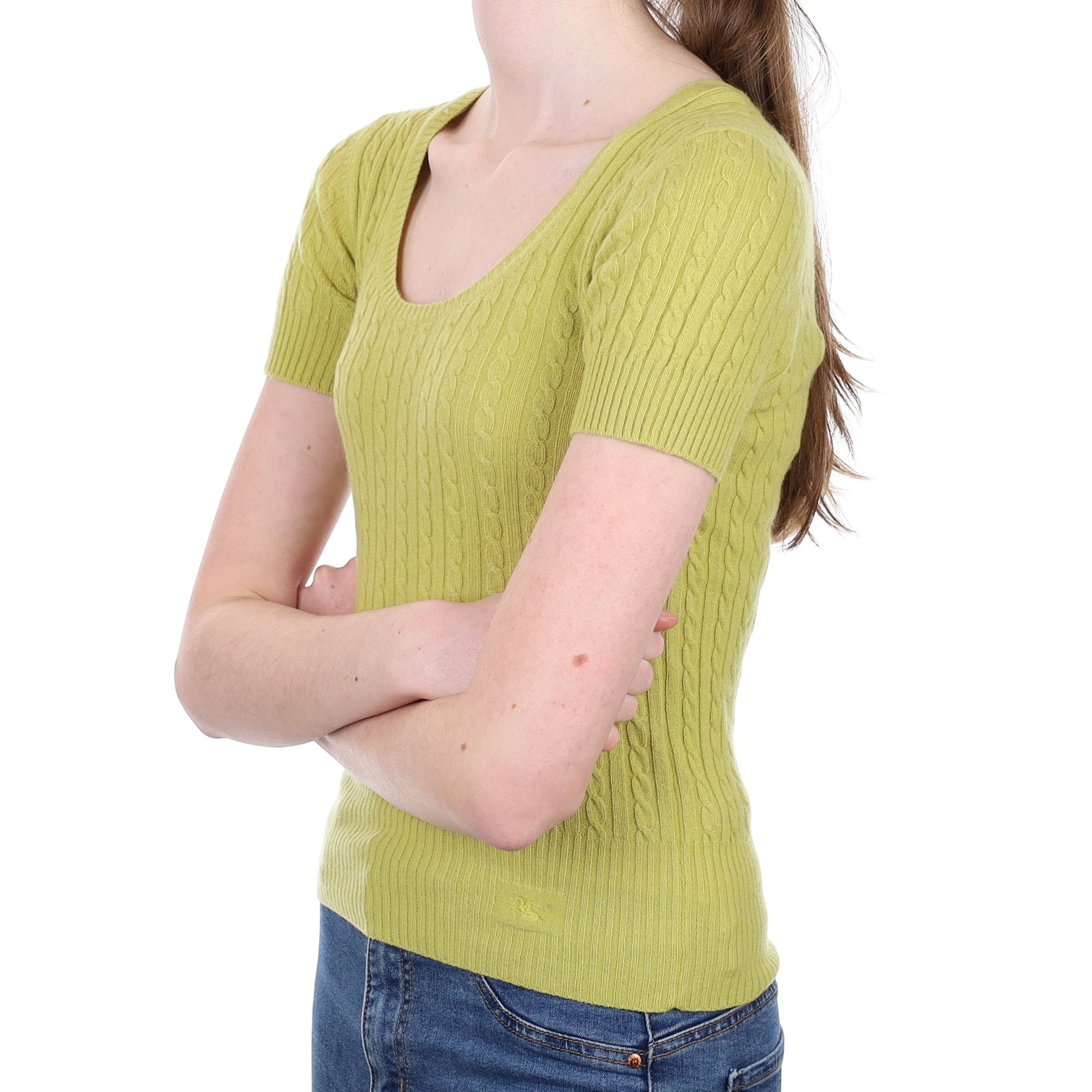 Burberry Lichen Green Cable Cashmere Short Sleeve Crew Neck Jumper Extra Small