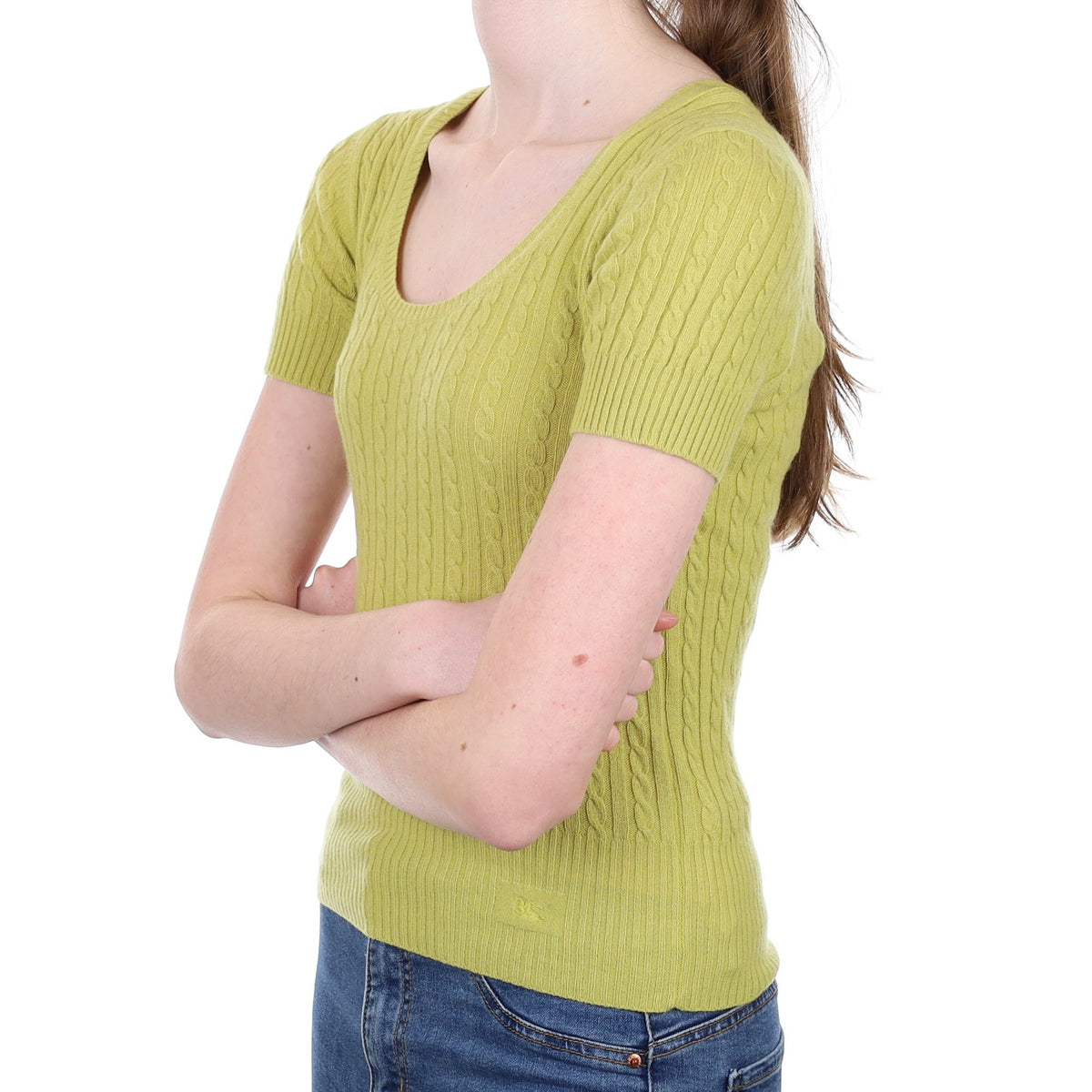 Burberry Lichen Green Cable Cashmere Short Sleeve Crew Neck Jumper Extra Small