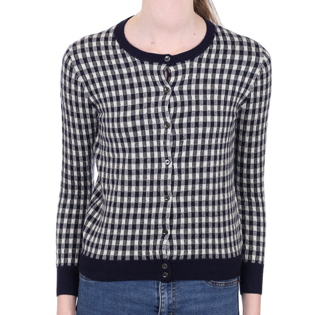 Navy Gingham Cashmere Crew Neck Cardigan Extra Small