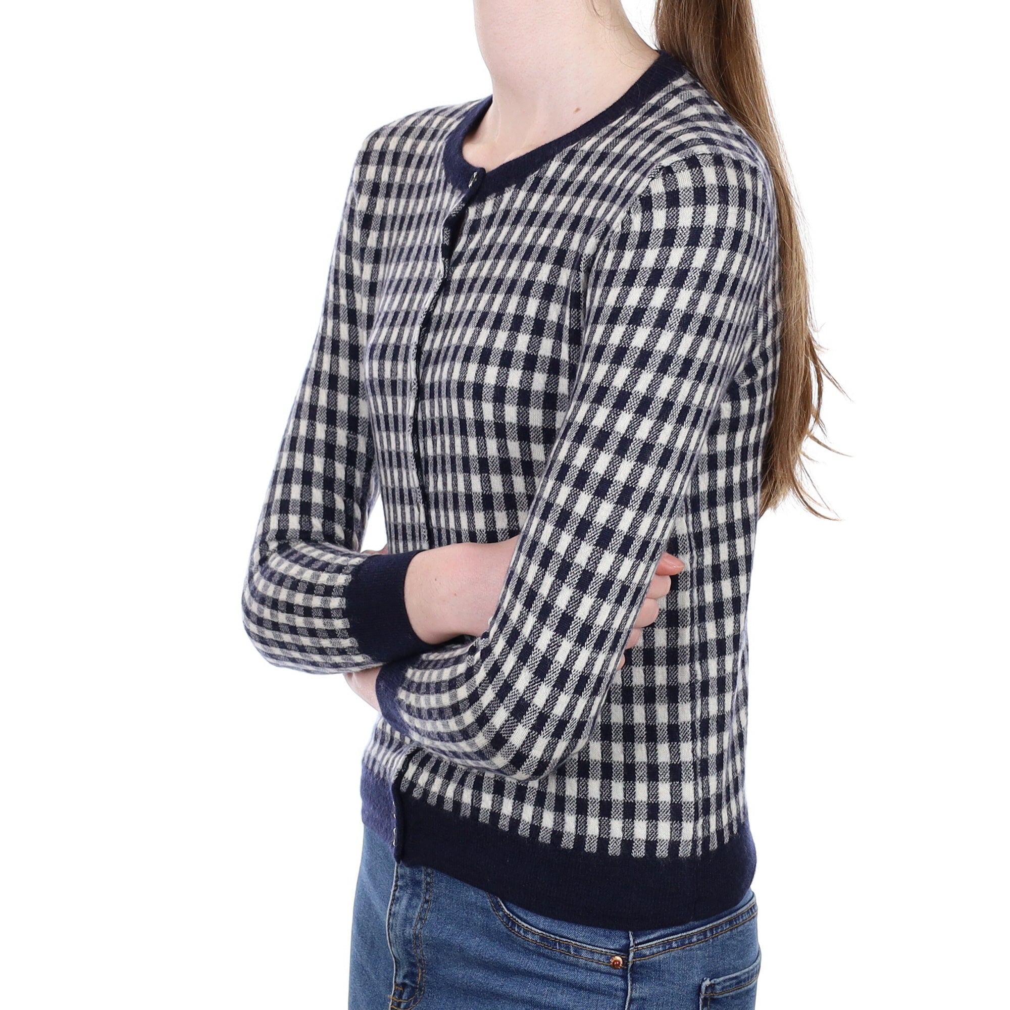Navy Gingham Cashmere Crew Neck Cardigan Extra Small