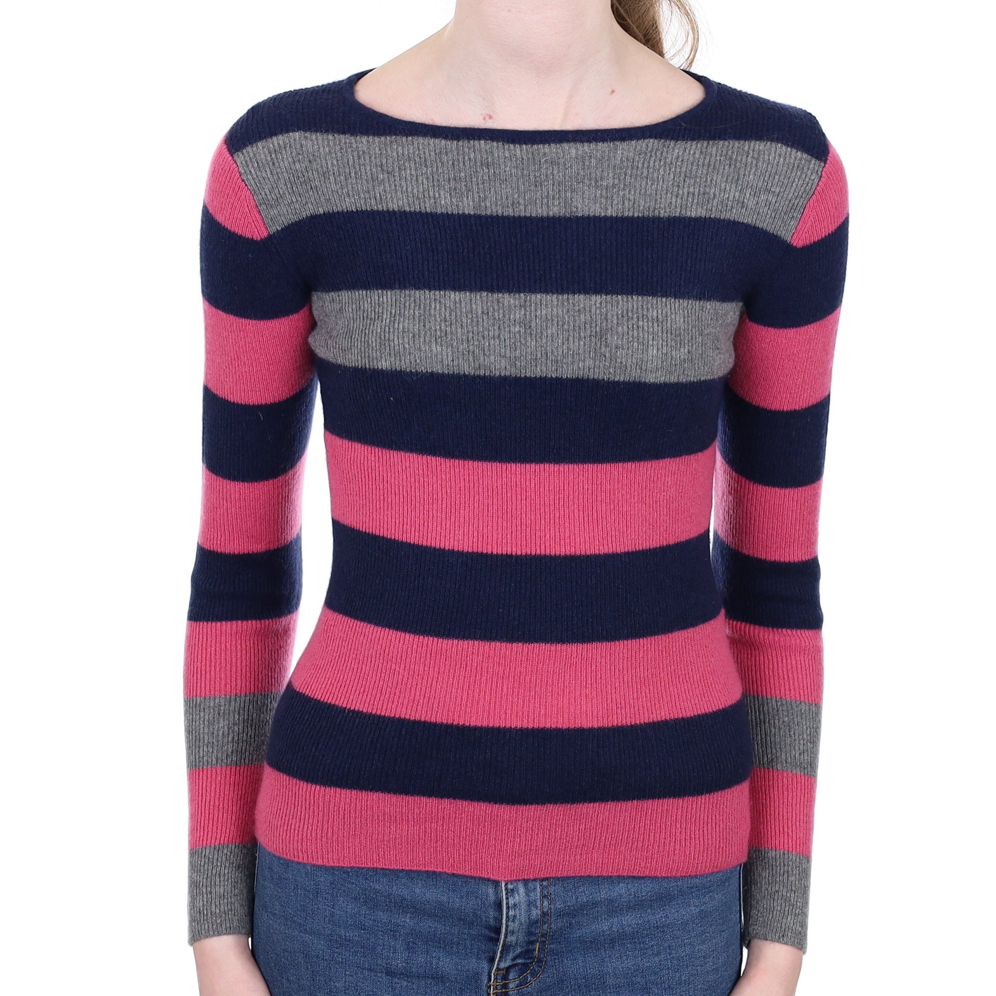 Navy and Pink Stripe Cashmere Crew Neck Jumper Extra Small