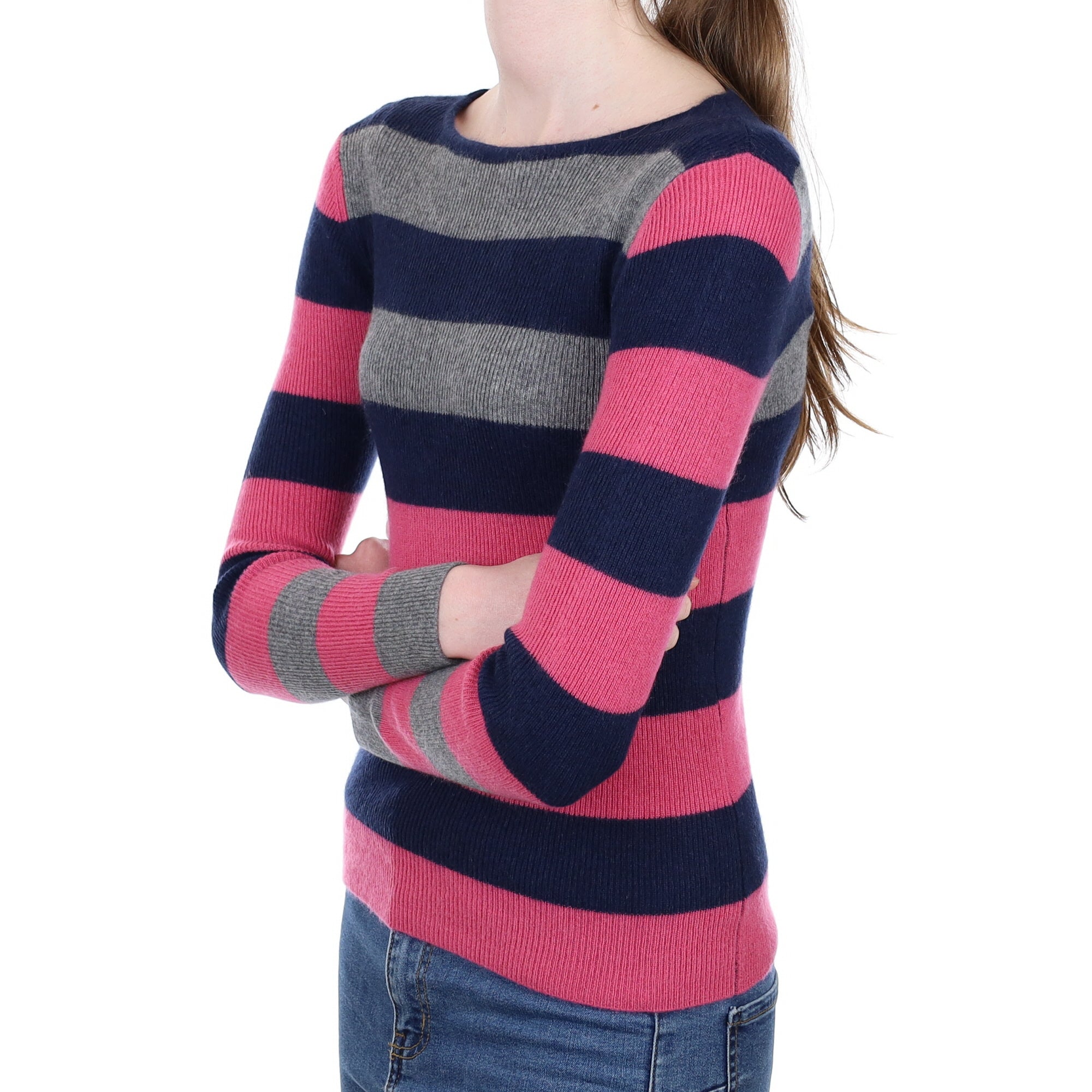 Navy and Pink Stripe Cashmere Crew Neck Jumper Extra Small